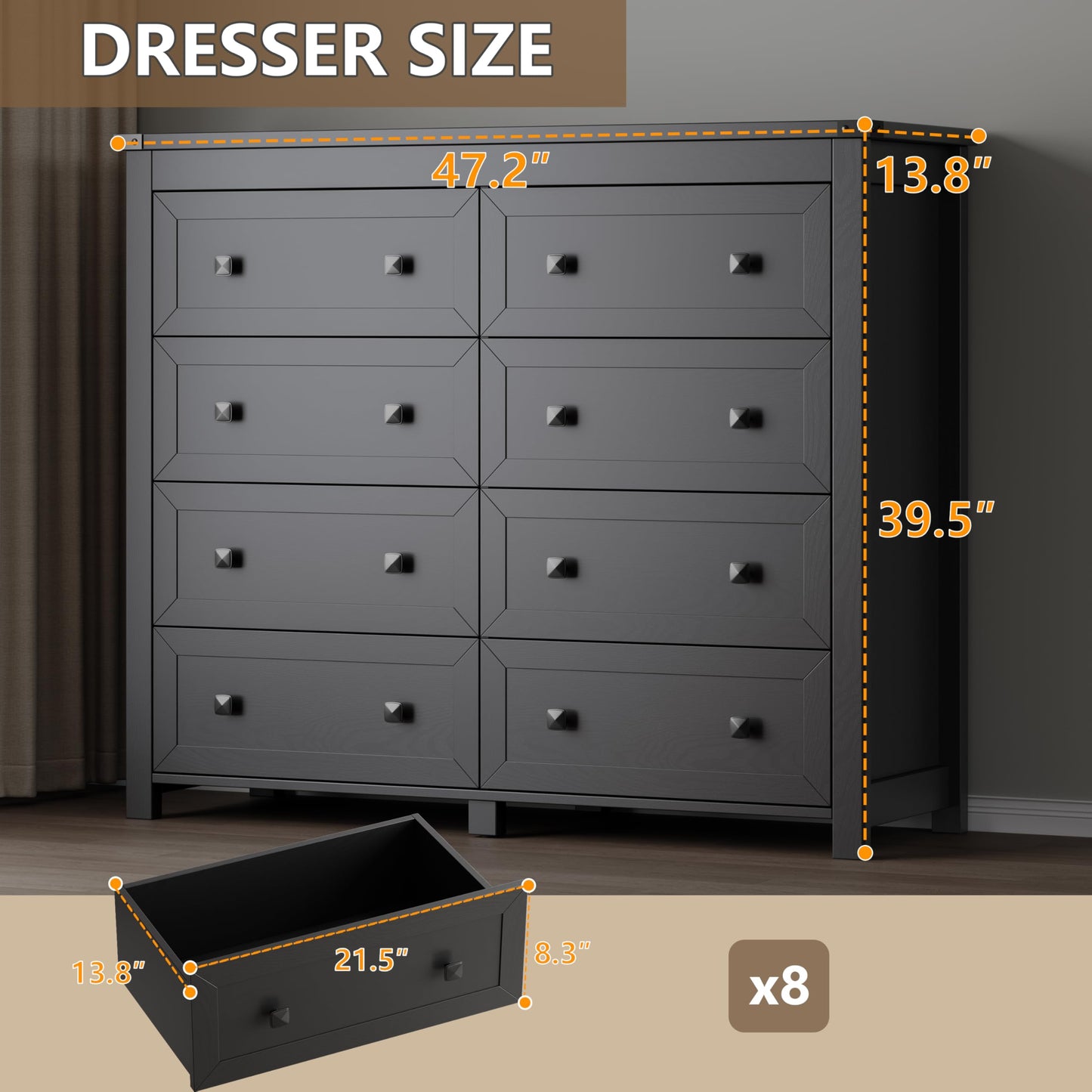 BORNOON Tall 8-Drawer Dresser, Modern Wooden Storage Chest of Drawers, Dresser TV Stand, Wood Drawer Organizer with Metal Handles for Bedroom, Living Room, Hallway