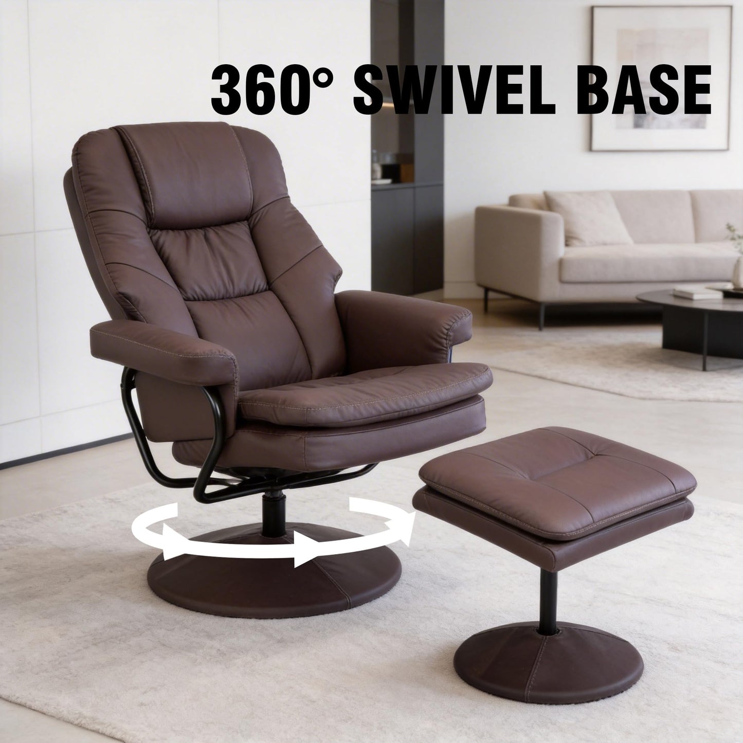 KEIKI Swivel Recliner with Ottoman Chair, Modern Cat Scratch Faux Leather Upholstered Manual Push Back 360° Swivel Chair, Ergonomic Lounge Footrest for Living Room Bedroom Reading Home Office, Brown