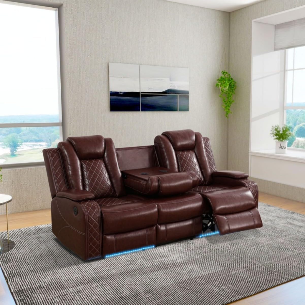 UOCFYK Electric Power Recliner Sofa Living Room Furniture, Comfy Home Theater Breathing Leather Seating with USB 2.0 Charging Ports, LED Light Strips, Fold-Down Table & Wireless Charging Device (Red)