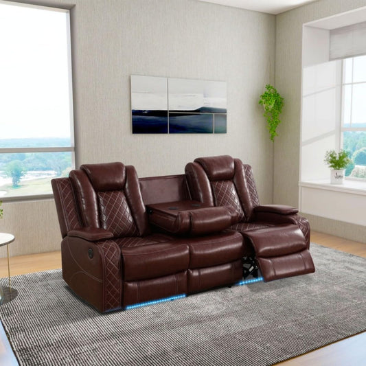 UOCFYK Electric Power Recliner Sofa Living Room Furniture, Comfy Home Theater Breathing Leather Seating with USB 2.0 Charging Ports, LED Light Strips, Fold-Down Table & Wireless Charging Device (Red)