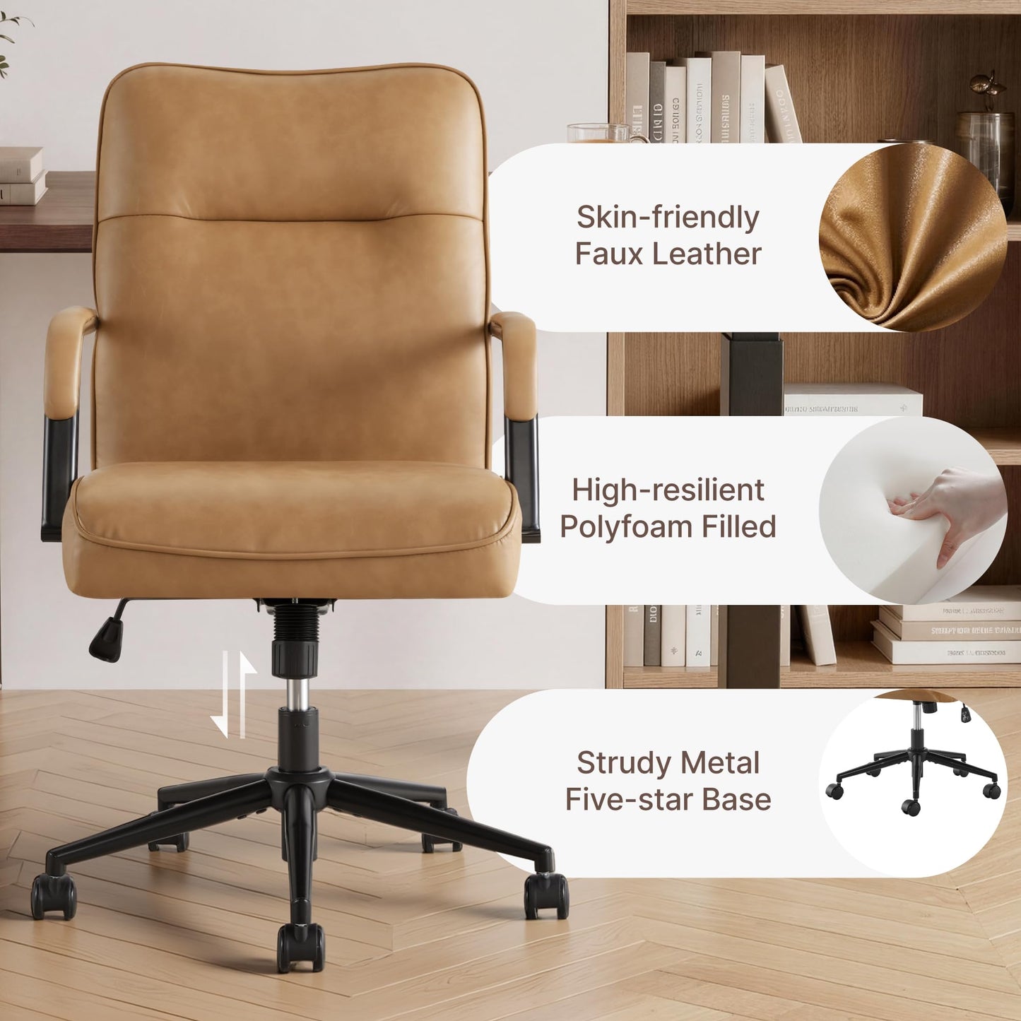 KISLOT Ergonomic Home Office Chair with Lumbar Support, Adjustable Swivel Modern Desk Chair with Wheels, Faux Leather Computer Chair with Padded Arms, Comfy Executive Office Chair, 2 PCS, Camel Brown