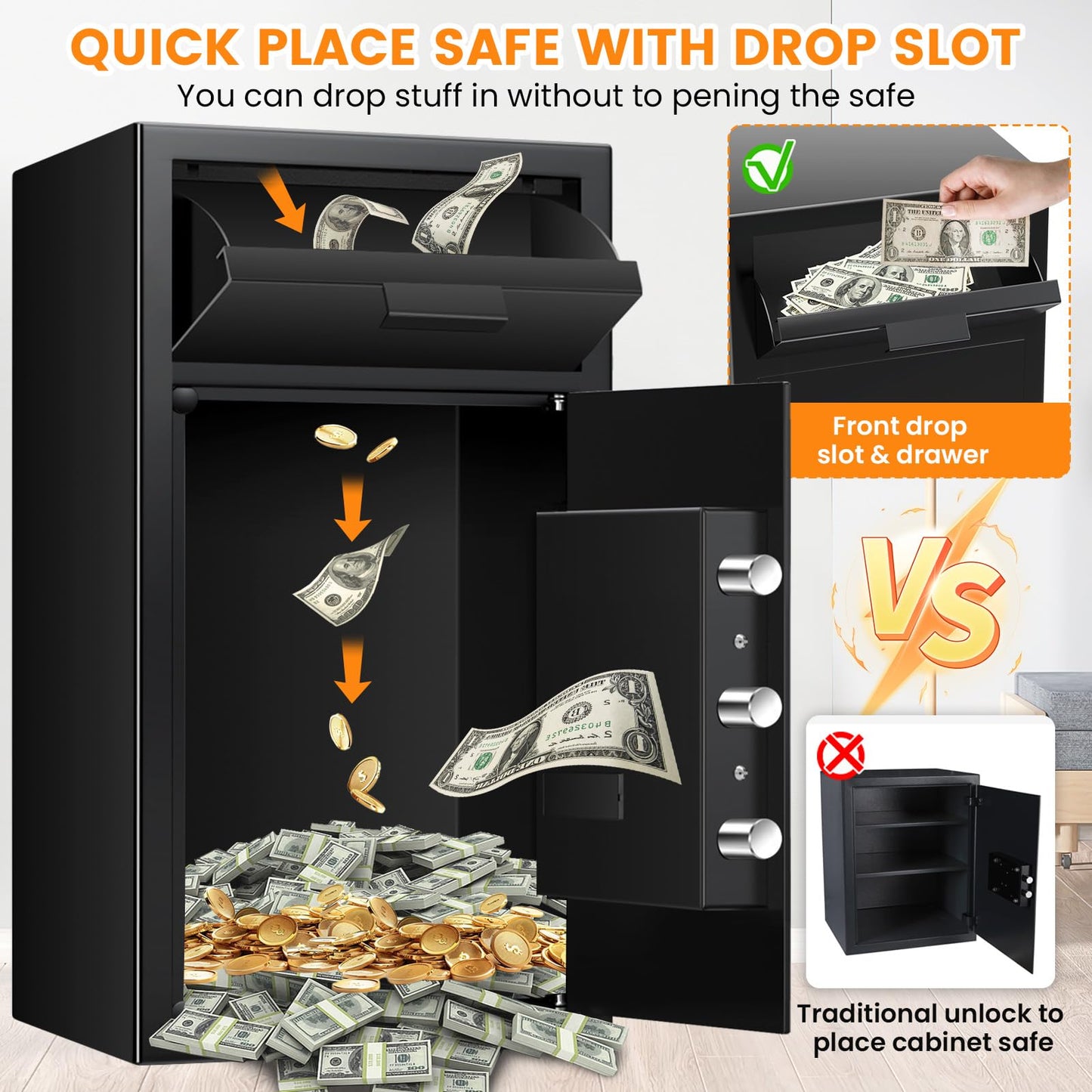 5.8 Cuft Commercial Depository Drop Safe for Business, Anti-theft Cash Safe Box with Drop Slot, Digital Combination Lock and Spare Keys, Heavy Duty Cash Drop Safes for Business Retail Bar Food Trucks