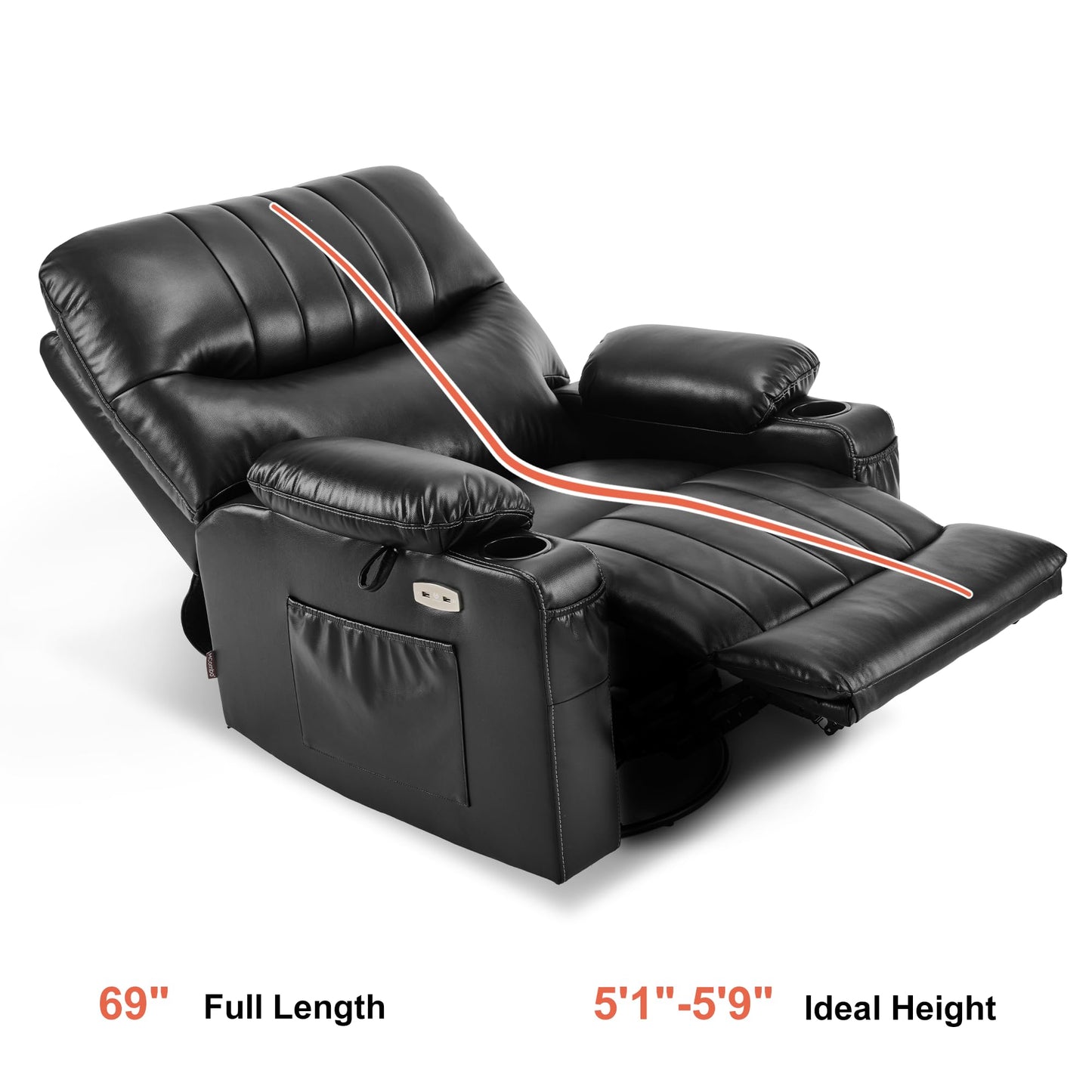 MCombo Oversized Swivel Glider Rocker Power Recliner Chair for Living Room with Heat and Vibration Massage, USB Ports, Cup Holders and Pockets, Faux Leather 7785 (Black)