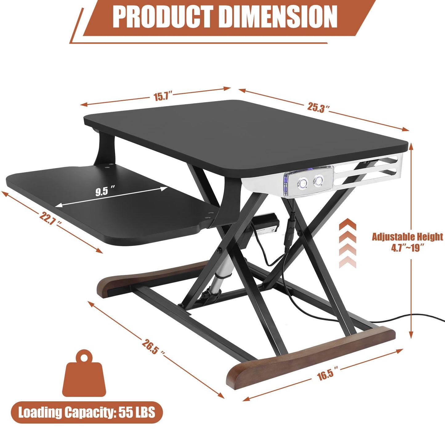 Electric Standing Desk Converter with Keyboard Tray, 26x16 Inch, Height Adjustable Sit to Stand Desk Riser with Unique Side Cover and Wooden Feet, Small Motorized Monitor Riser for Office & Home