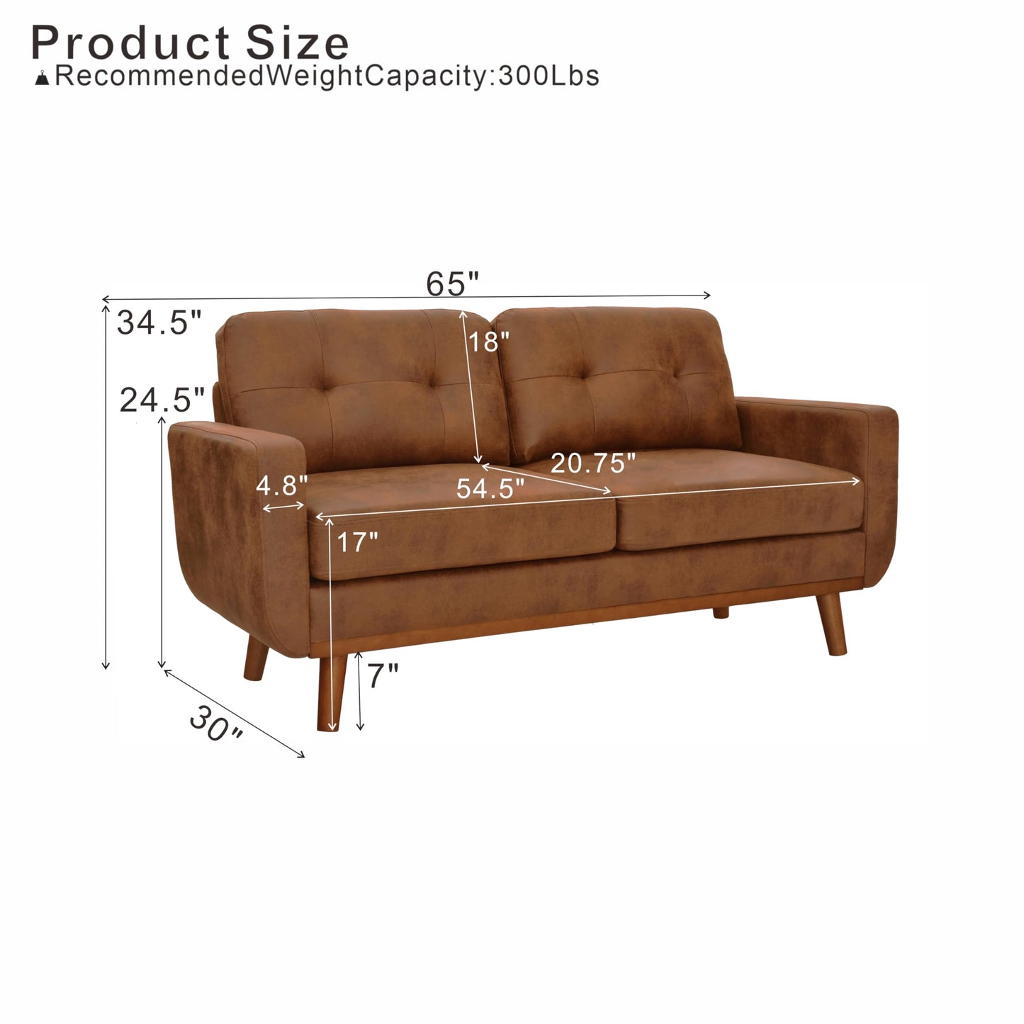 Ball & Cast 65" Loveseat Sofa,Mid Century Modern Love Seat Couches for Living Room,Button Tufted Upholstered Small Couch with Solid Wood Legs for Bedroom,Apartment,Office,Fabric,Light Brown