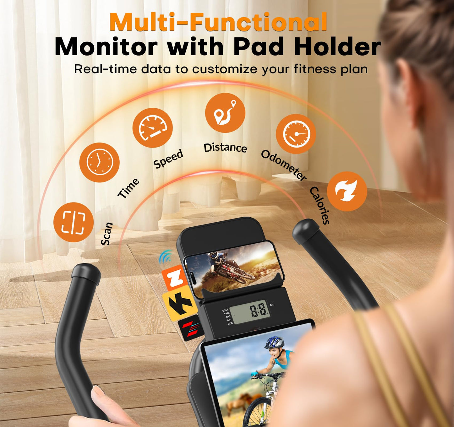 Exercise Bike, Magnetic Resistance Stationary Bikes for Home with App Compatible, Silent Indoor Cycling Bike with 350lbs Weight Capacity Comfortable Seat, Digital Monitor & Phone Mount, Grey Orange