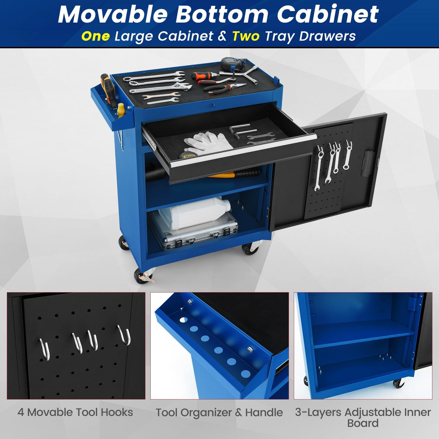 Goplus Rolling Tool Chest, 5-Drawer Tool Box Organizer w/Lockable Wheels & Sliding Drawers & Detachable Top & Adjustable Shelf, Tool Storage Cabinet for Garage Workshop (Blue)