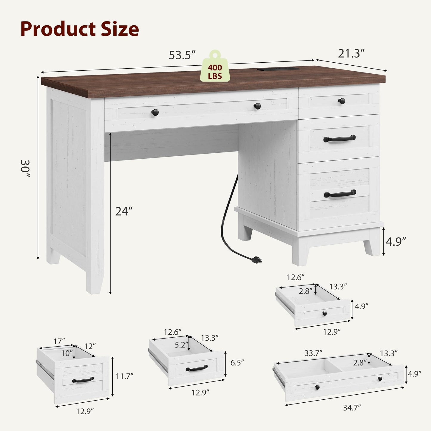 GarveeHome Executive Desk with Drawers, Farmhouse Home Office Desk with Charging Station, 53.54 in Wooden Computer Desk with File Cabinet Storage for Work Study Writing,White Walunt