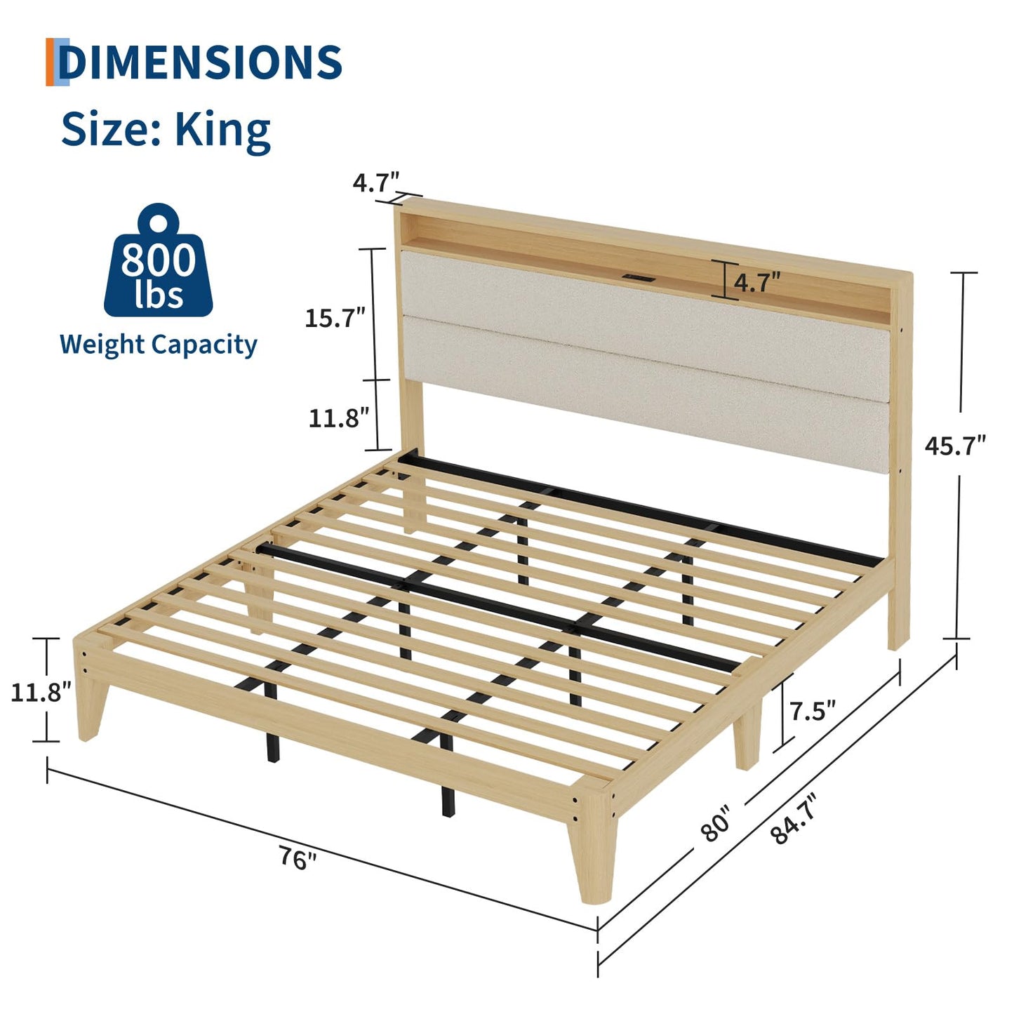 Garvee King Size Bed Frame with Storage Headboard, LED Boucle Bed Frame with Charging Station, Upholstered Platform Bed, No Box Spring Needed, Easy Assembly, Wooden Slats, Cream