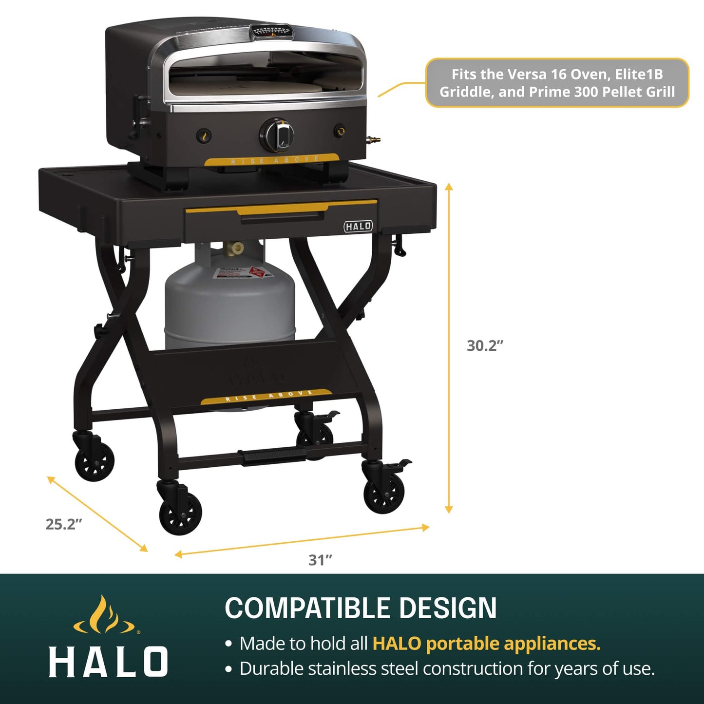 HALO Outdoor Countertop Cart | Prep Station or Griddle/Oven Cooking Surface | Collapsible, Portable, Tool Hooks and Propane Storage | HO-1006-XNA