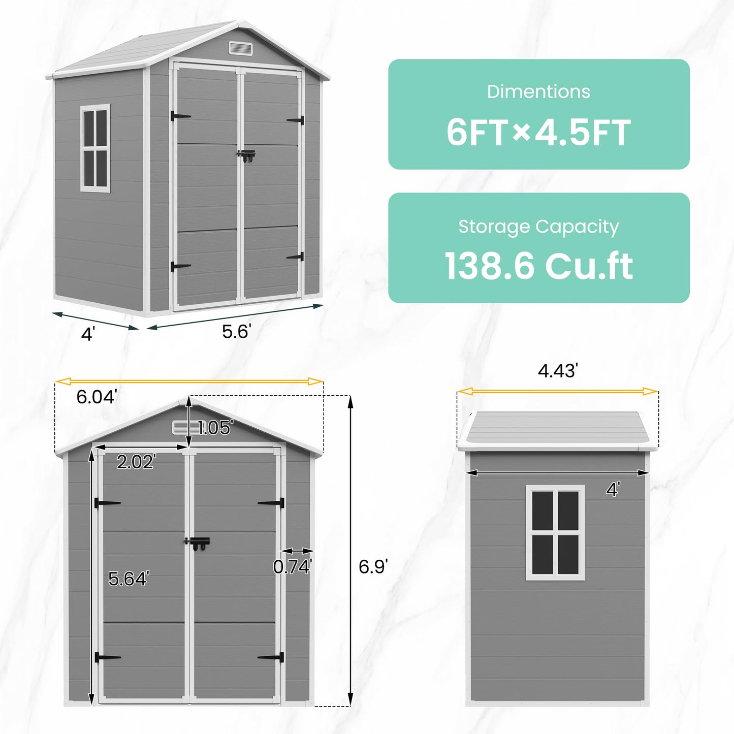 UDPATIO Outdoor Resin Storage Shed 6x4 FT, Plastic Garden Shed for Bike, Garbage Can, Tool, Outside Sheds with Lockable Door for Backyard, Patio, Lawn, Grey & White