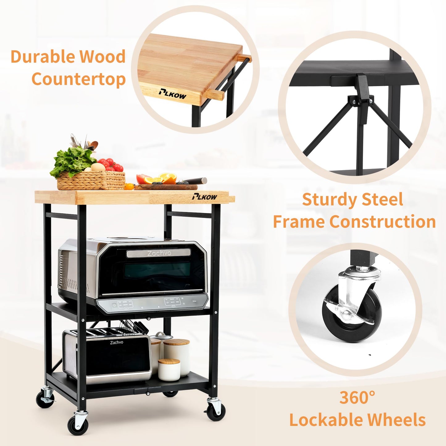 PLKOW Foldable Kitchen Cart with Solild Oak Wood Top, Rolling Kitchen Island on Wheels, 3-Tier Storage Utility Cart for Microwave, Toaster Oven, Small Spaces