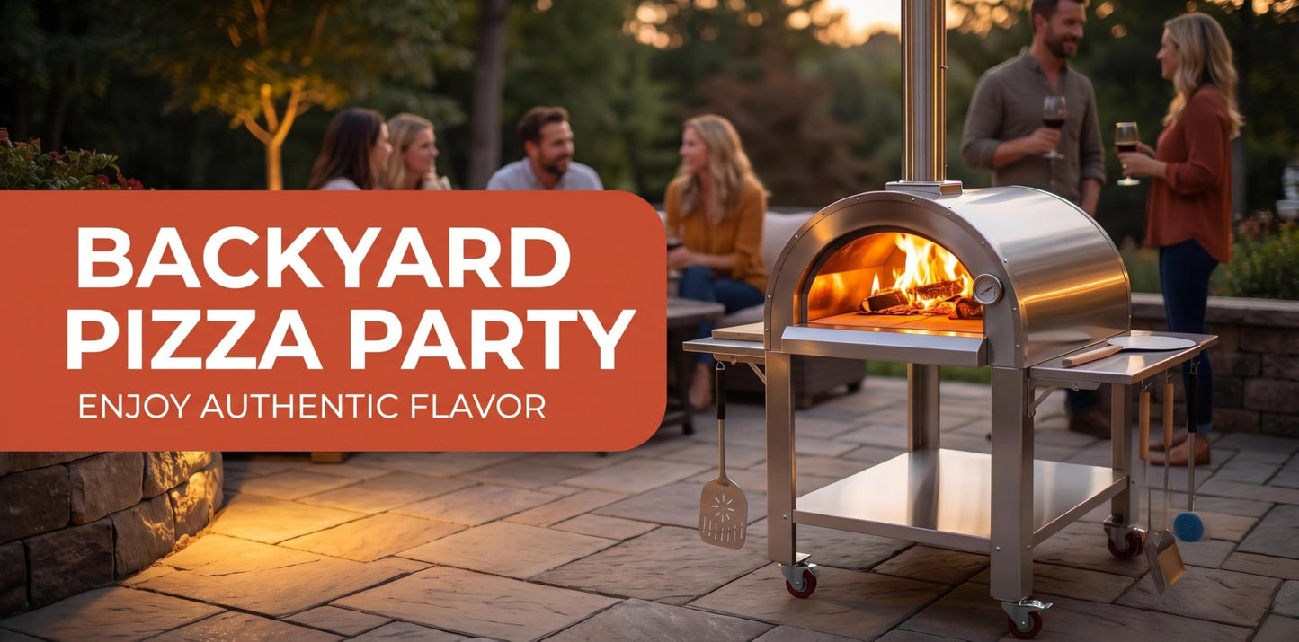 Wood Fired Pizza Oven Outdoor, 46 Inch Large Stainless Steel Wood Burning Camping Oven with Wheels & Accessories, Charcoal Outdoor Oven for Baking Roasting Grilling Searing, for Backyard Garden Patio