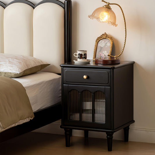 YESWOOD 100% Solid Wood Nightstand with Drawer and Fluted Glass Door – Mid Century Modern Farmhouse Bedside Table, Wooden Storage Cabinet, Black, Right-Opening Door, 15.75" D x 16.54" W x 22.83" H
