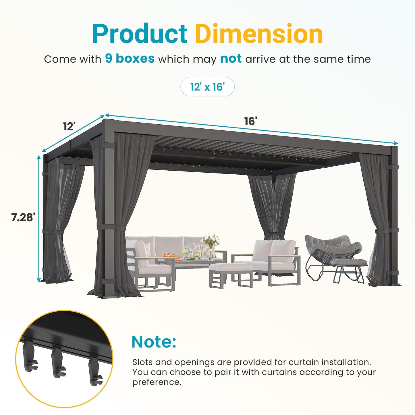12' x 16' Louvered Pergola, Outdoor Pergola with Curtains & Netting, Metal Patio Pergola with Adjustable Louvers Roof and Gutter System, Metal Hardtop Gazebo for Patio, Deck, Garden, Yard, Dark Gray