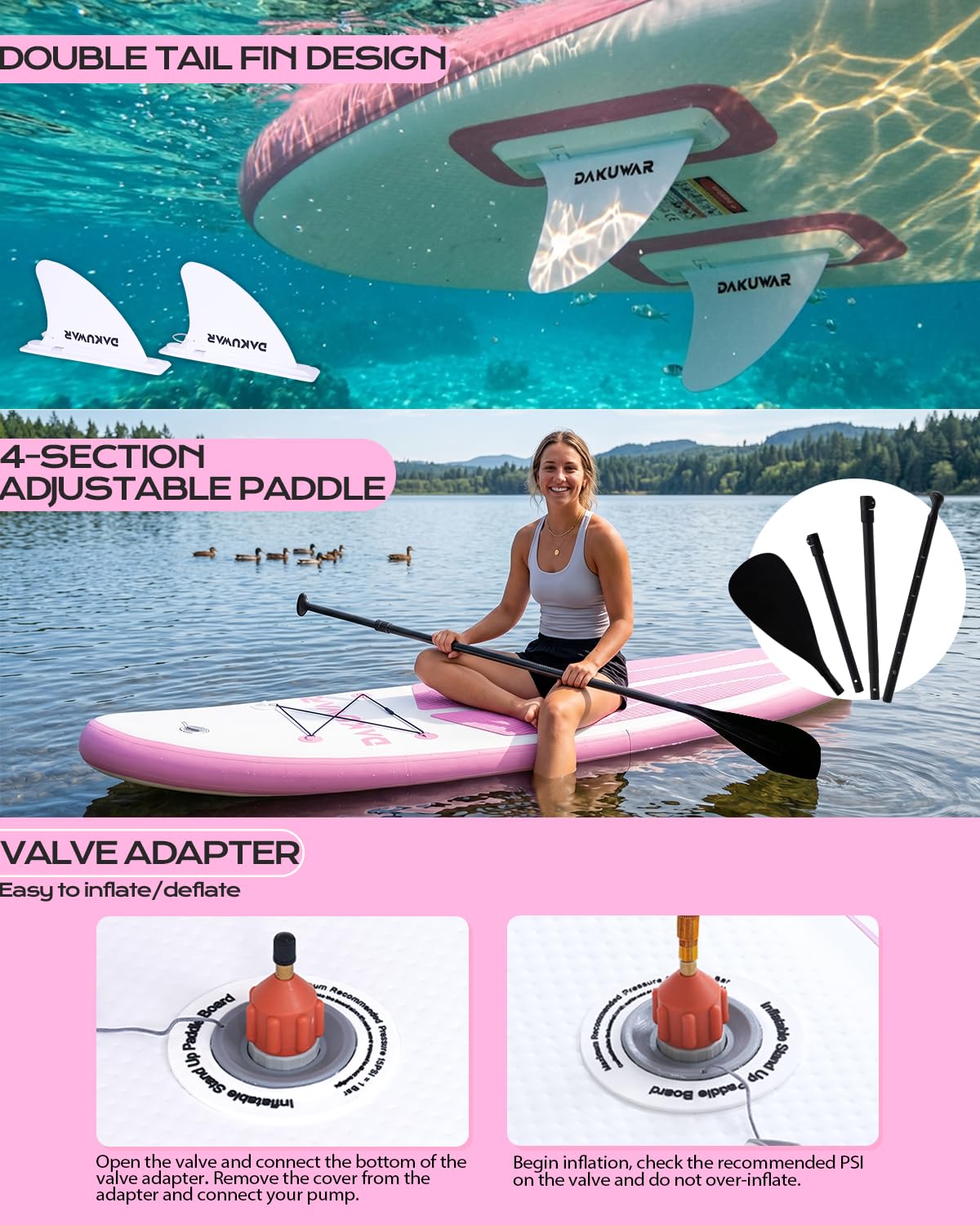 DAKUWAR Inflatable Paddle Board 10'x31.5''x6'' Folding Stand up Paddle Boards with SUP Accessories Valve Adaptor/2 fins/SUP Backpack/Ankle Leash/Repair Kit (Pink and White)