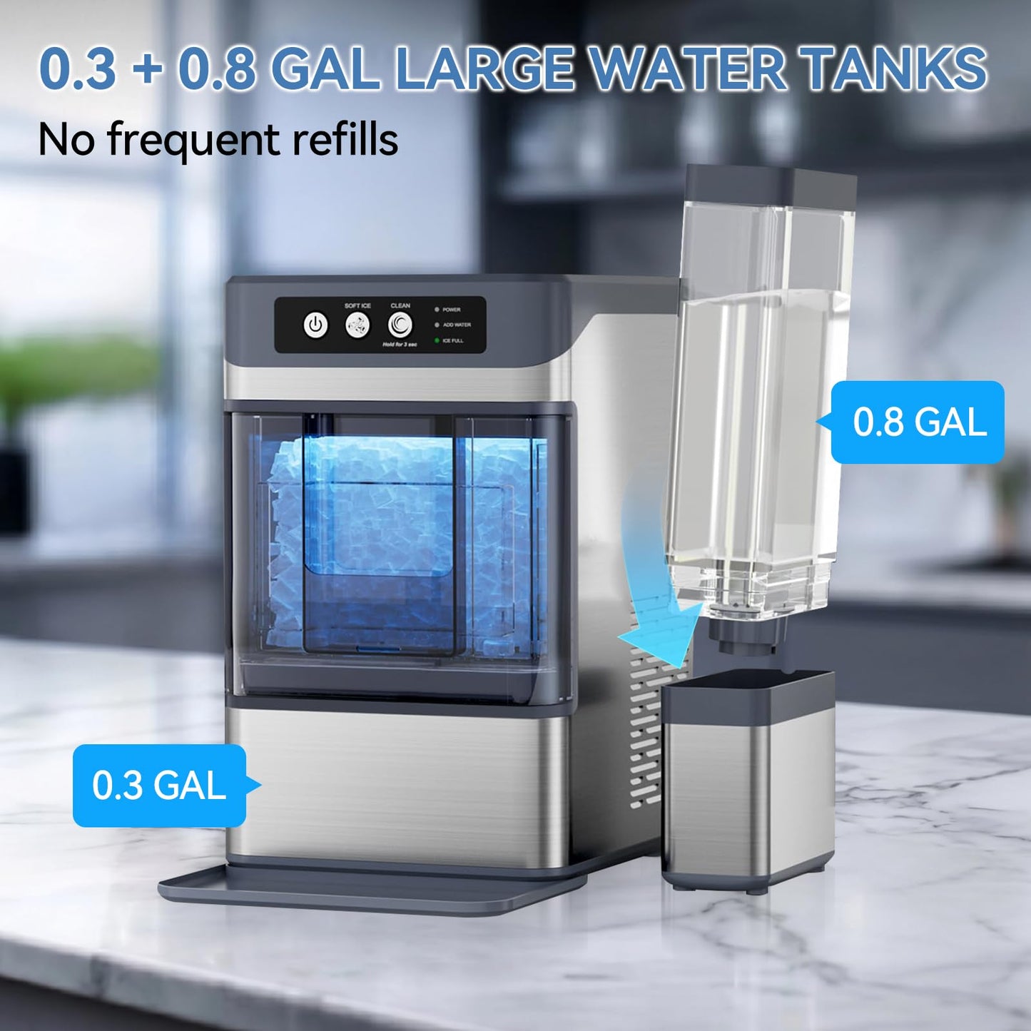 Nugget Ice Maker Countertop, Chewable Pellet Ice Machine, 37lbs/Day, 6-Min Fast Ice, One-Click Self-Cleaning, 0.8Gal Detachable Tank, Stainless Steel for Home/Kitchen/Office/Party