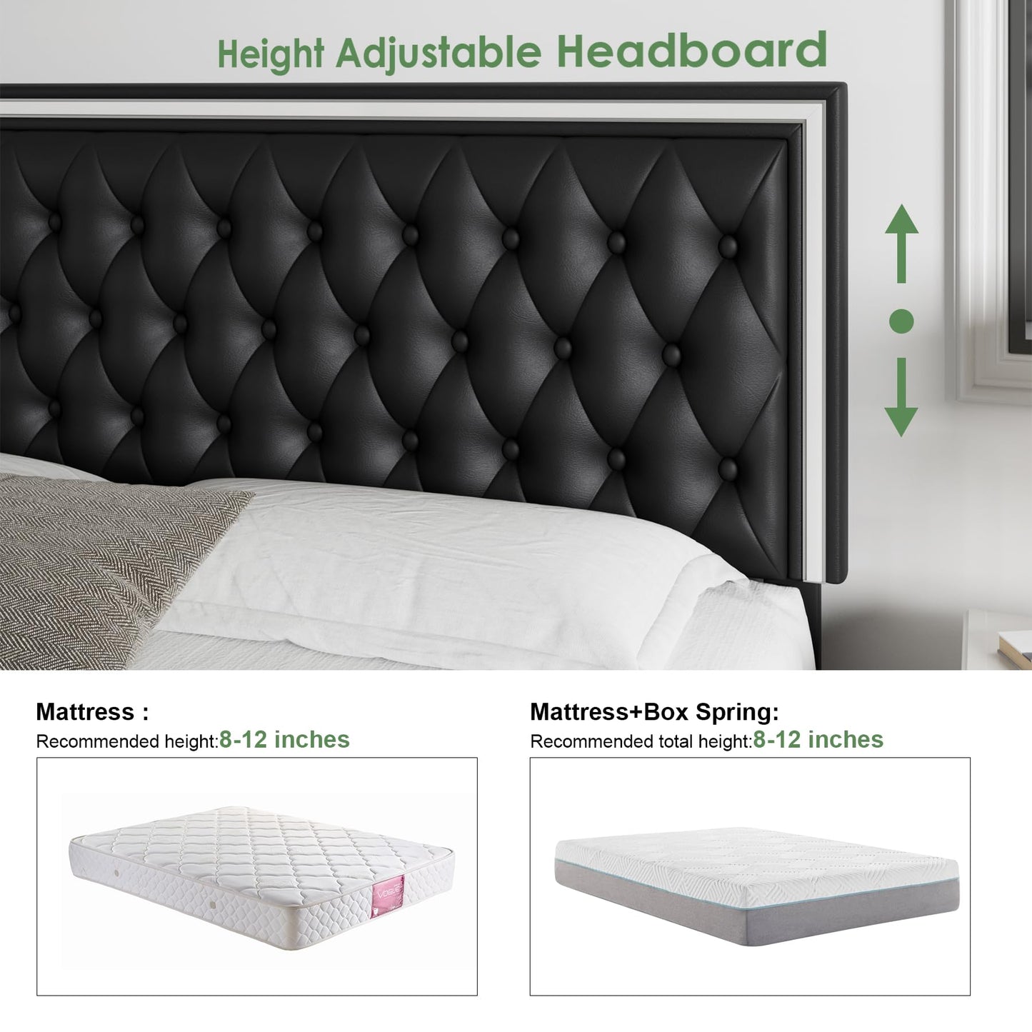 Keyluv Queen Size LED Bed Frame with 4 Storage Drawers and Adjustable Headboard, PU Leather Upholstered Button Tufted Modern Platform Bed, Solid Wooden Slats Support, Easy Assembly, Black