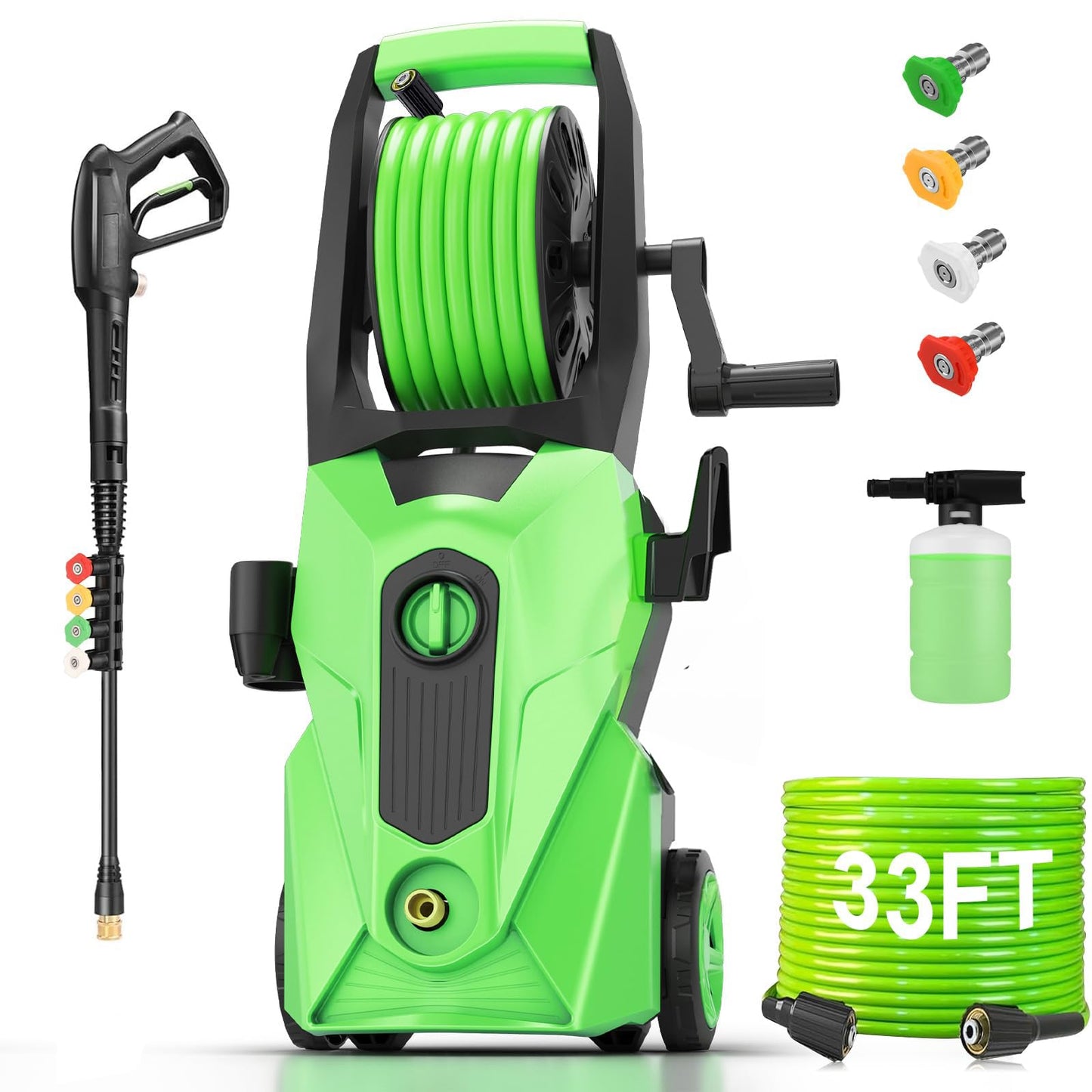 Commowner Pressure Washer 5001PSI Power Washers Powered with 33ft Pressure Hose, 4 Nozzle and Foam Cannon, powerwashers for Home, Cars, Fences, Patio, Green