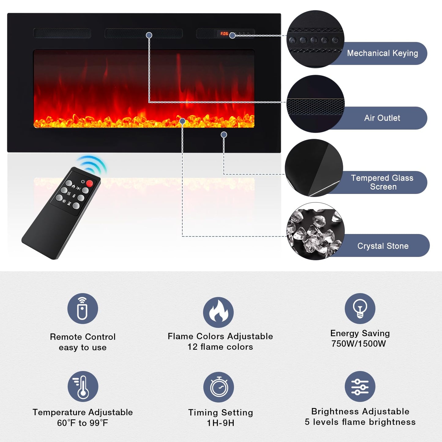 MXV 80" Fireplace TV Stand for TVs Up to 90", LED Light Entertainment Center with 36" Electric Fireplace, Modern Wood Texture TV Media Console with Highlight Storage Cabinet, Black+Black