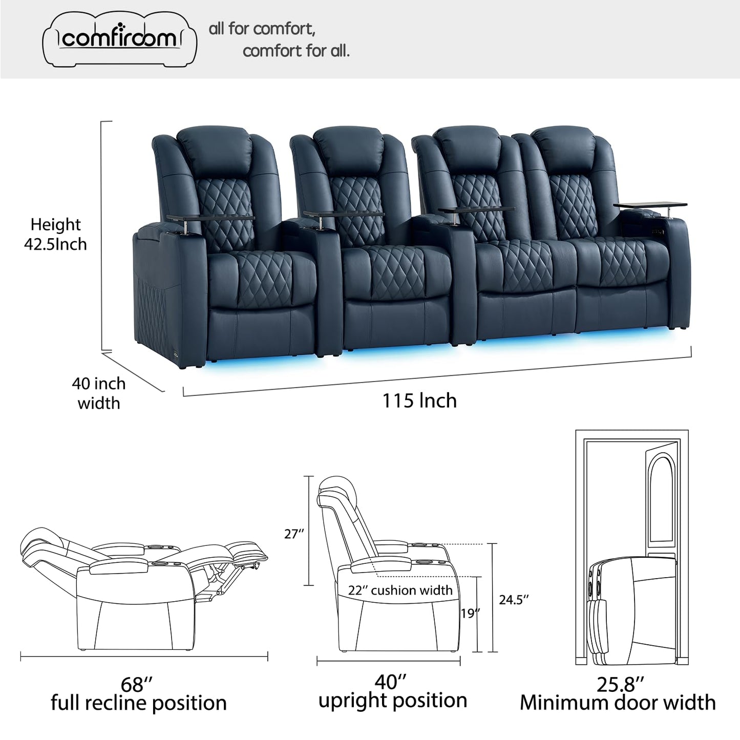 comfiroom Home Theater Seating Classic Series Top Grain Leather Loveseat Recliner Chair Dual Power Movie Theater Chairs Gaming Sofa Electric Headrest with Tray Table (Blue, Row of 4 Loveseat Right)