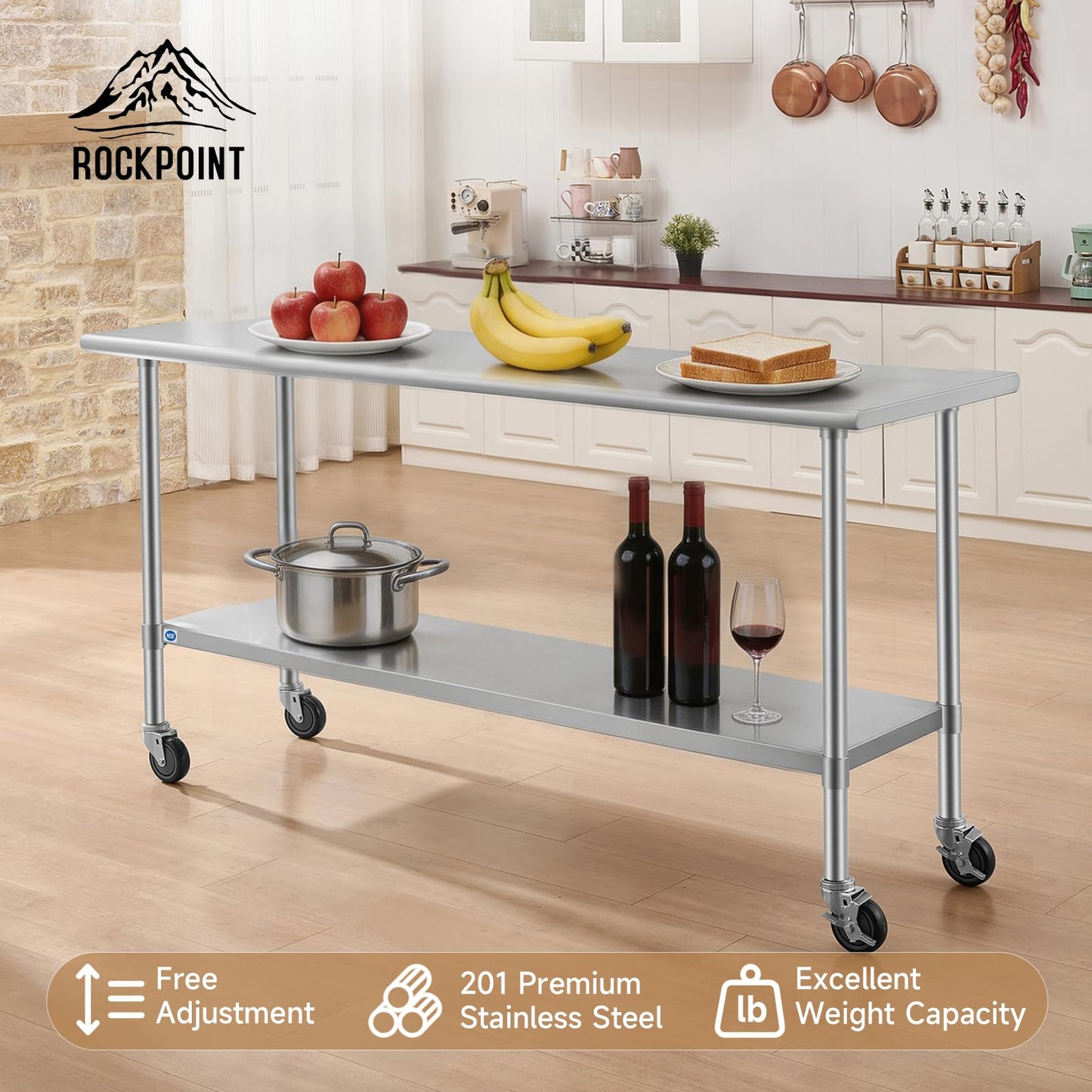 ROCKPOINT All Stainless Steel Prep Table with Caster 24x72 Inch, Commercial Heavy Duty Workbench with Stainless Legs & Adjustable Undershelf, 890 lb Capacity for Outdoor Kitchens with Wheel