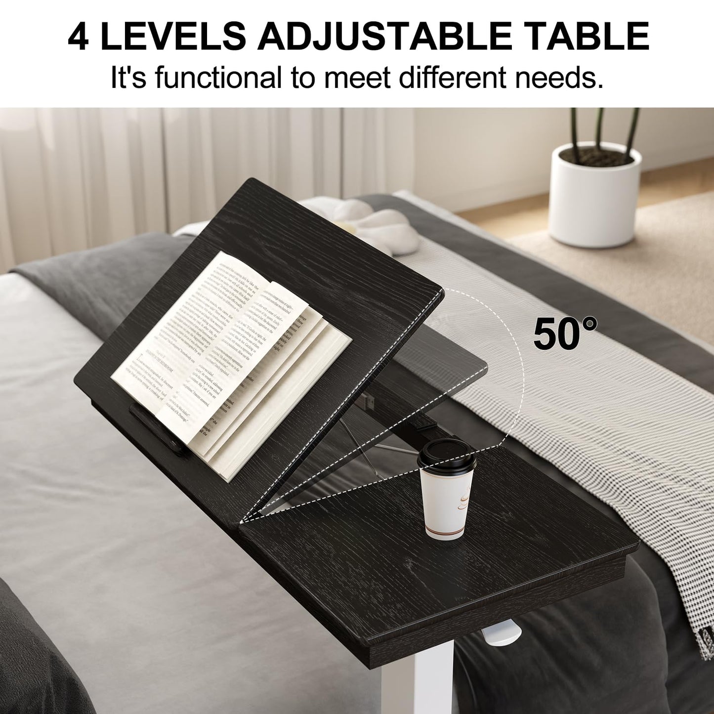 Muwuele Solid Wood Overbed Bedside Table with Wheels,Tilt Top Hospital Bed Table Adjustable Over the Bed,Rolling Bed Desk for Hospital and Home Use (Black)
