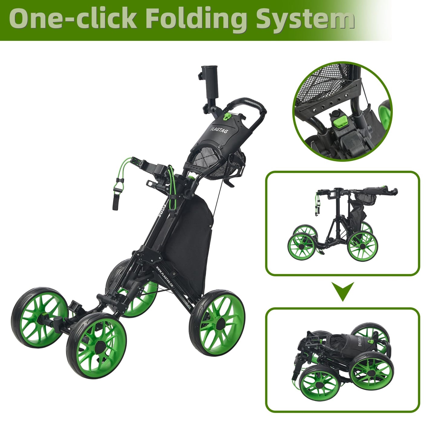 FLAGTAG Golf Push Cart 4-Wheels,Folding Golf Cart, Golf Pull cart with Cup Holder,Umbrella Holder,Cooler Bag, Foldable with one-Click,Handle Height Adjustable,Drink Holder,Walking Push cart