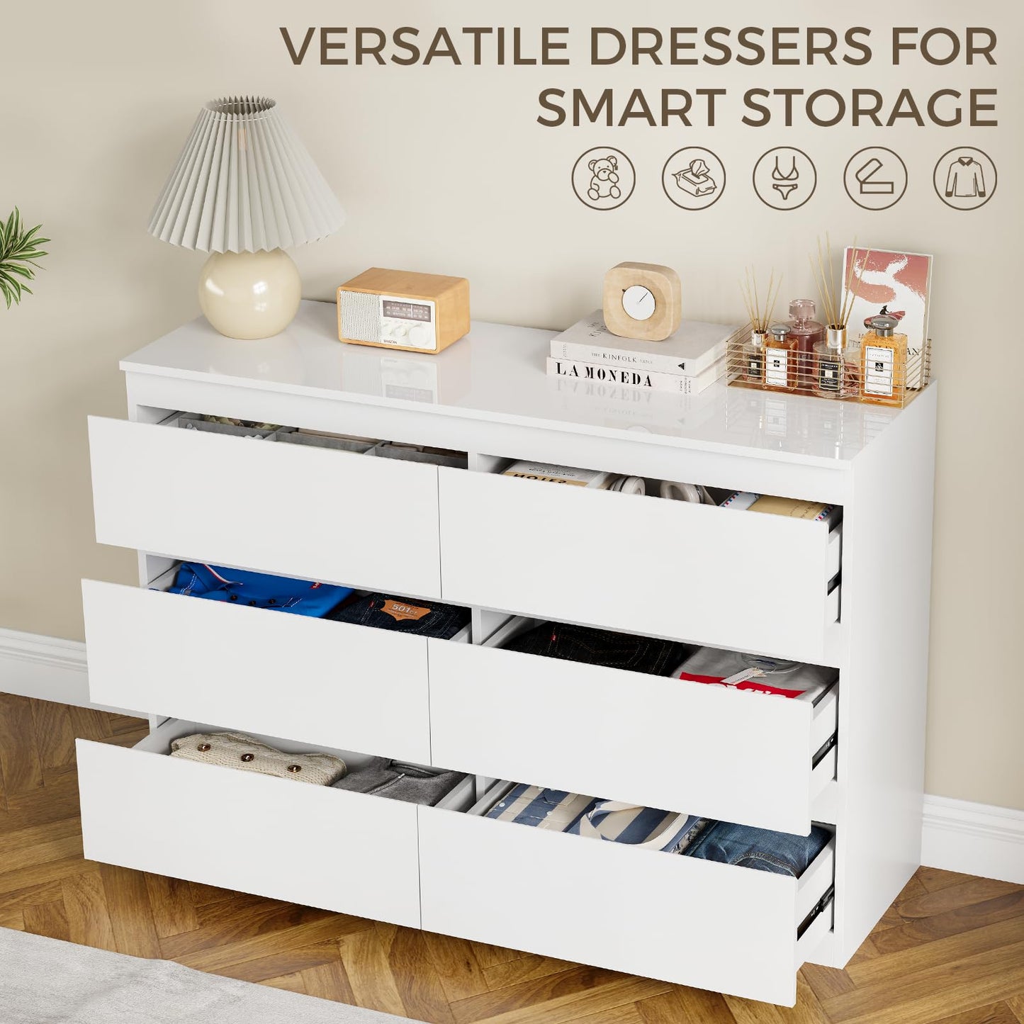 OtterOasis White 6 Drawer Dresser for Bedroom, Wood Dresser with Wide Drawers, Modern Dressers for Closet Storage, Wooden Chest Drawers for Entryway|TV Stand|Living Room