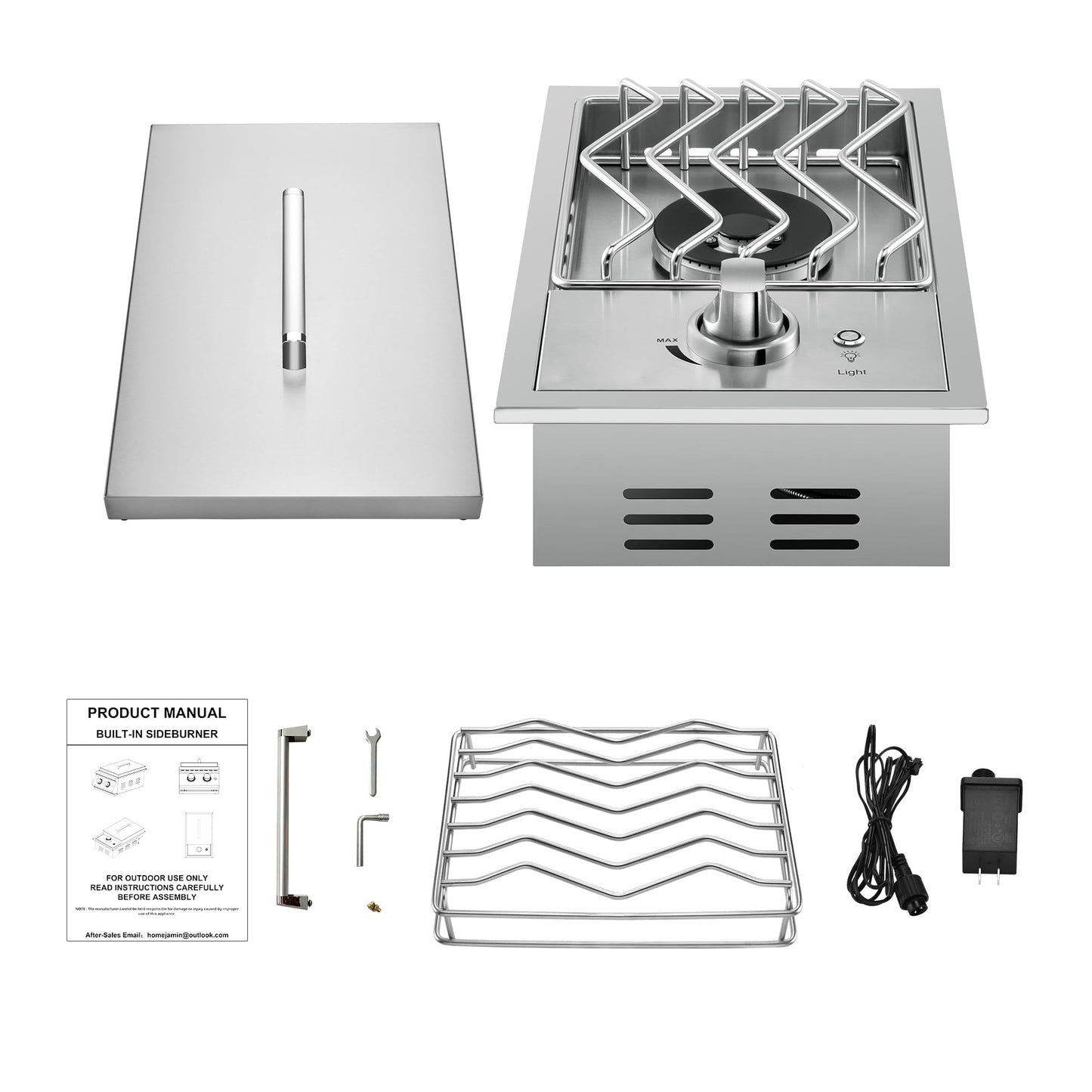 Single Grilling Side Burners for Outdoor Grill, 15,000BTU Natural Gas Side Burner, Sturdy 304 Stainless Steel, with Liquid Propane Kit, Drop-in Side Burner for Outdoor Kitchen BBQ Island
