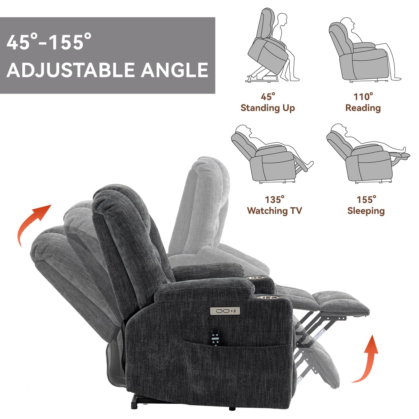 KEIKI Oversized Power Lift Recliner Chair with Heat & Massage, Reding Rocking Chair for Elderly, High Seat Comfy Chenille Recliner with Side Pockets, USB Port, Cup Holders & Lumbar Support, Grey