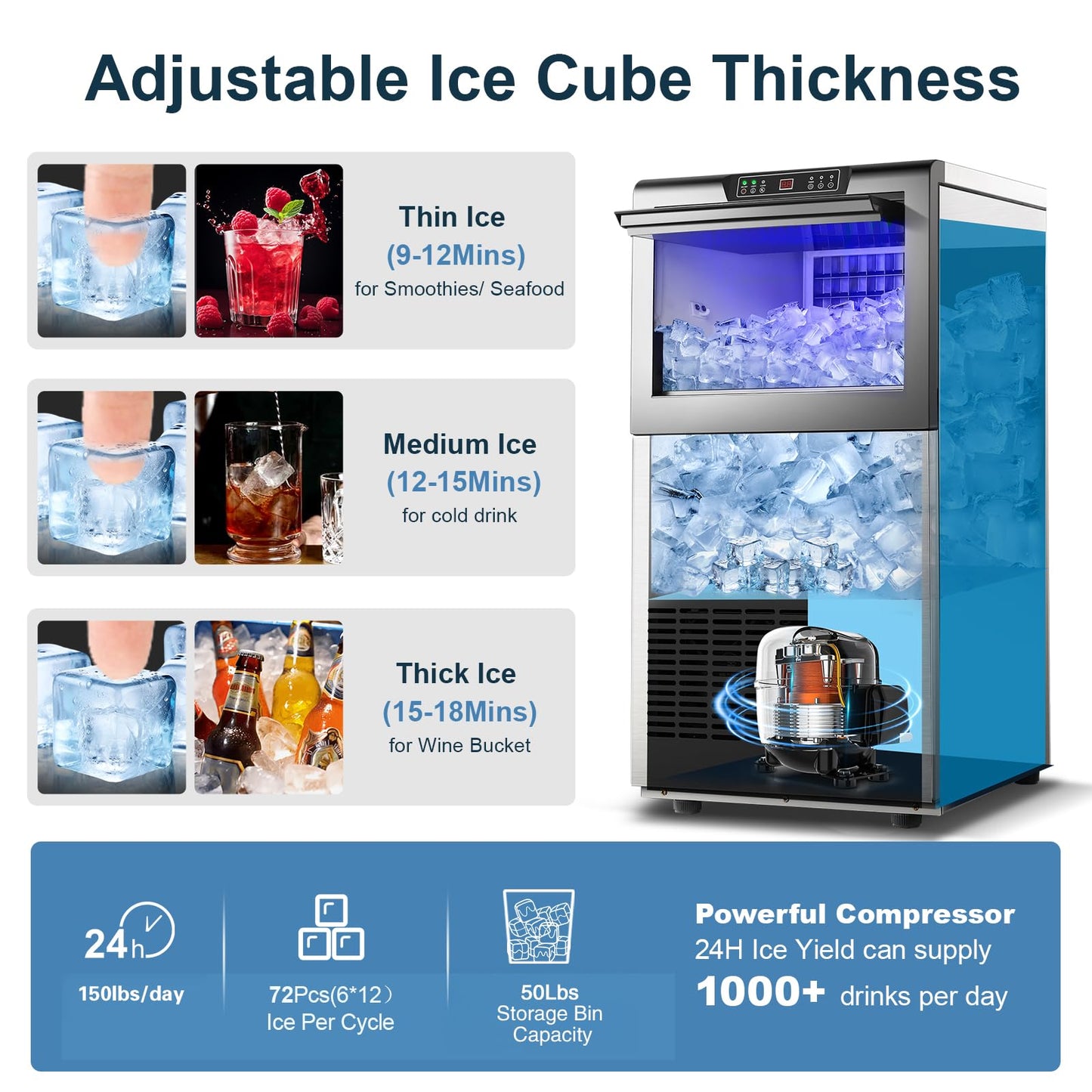 Zomagas Commercial Ice Maker 150lbs/24H, Ice Maker Machine with 50lbs Ice Storage, Self-Cleaning, LED Digital Display, Blue Light, Under Counter/Freestanding Ice Machine for Home Bar Restaurant