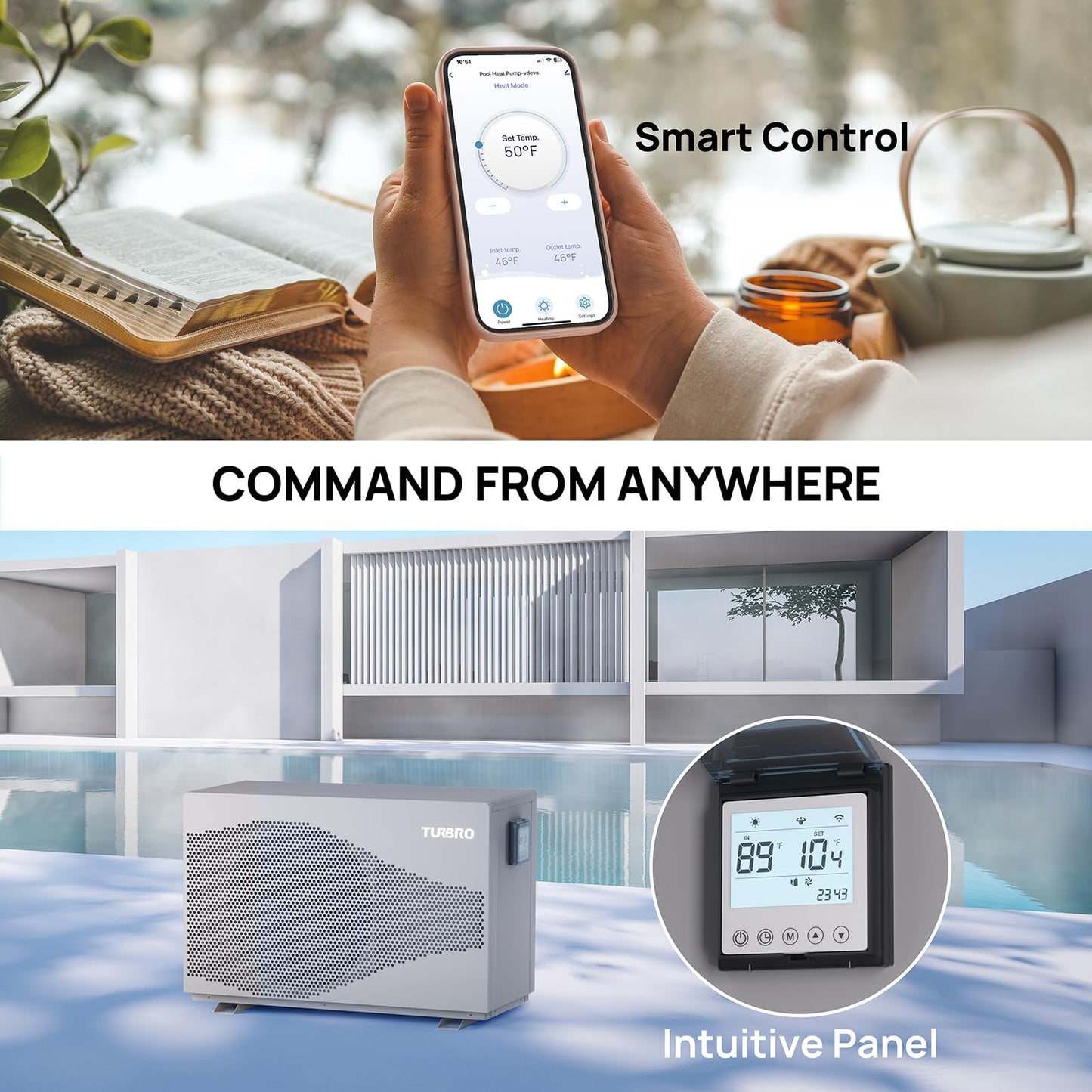 TURBRO 33,000 BTU Inverter Swimming Pool Heat Pump, Up to 10,000 Gallons, WiFi Control Electric Pool Heater for Above and Inground Pools, Heating and Cooling, Up to 15.8 COP, 110-120V, Beluga B33V