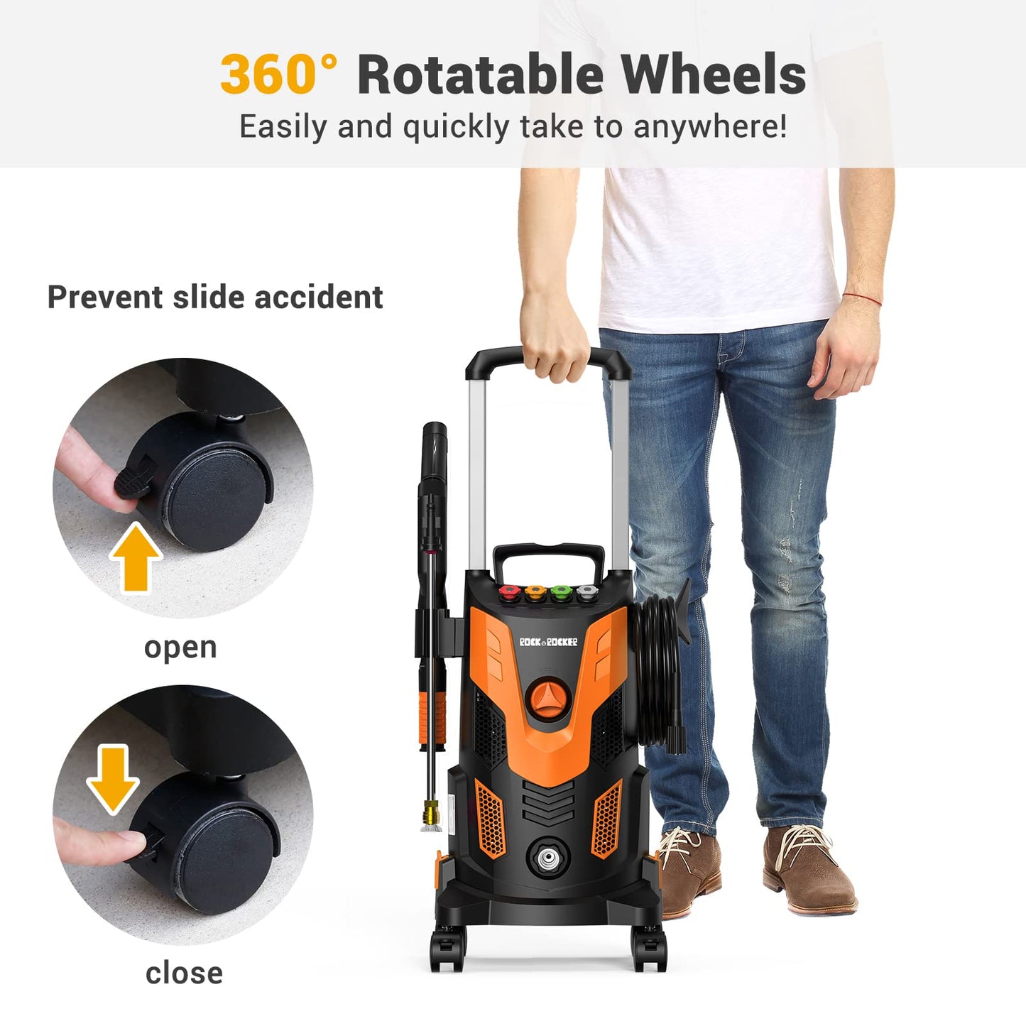 Rock&Rocker Upgraded 1750PSI Pressure Washer, 2.5GPM Portable Electric Power Washer with 360° Spinner Wheels, 4 Quick Connect Nozzles Foam Cannon for Car/Patio/Deck/Home Cleaning