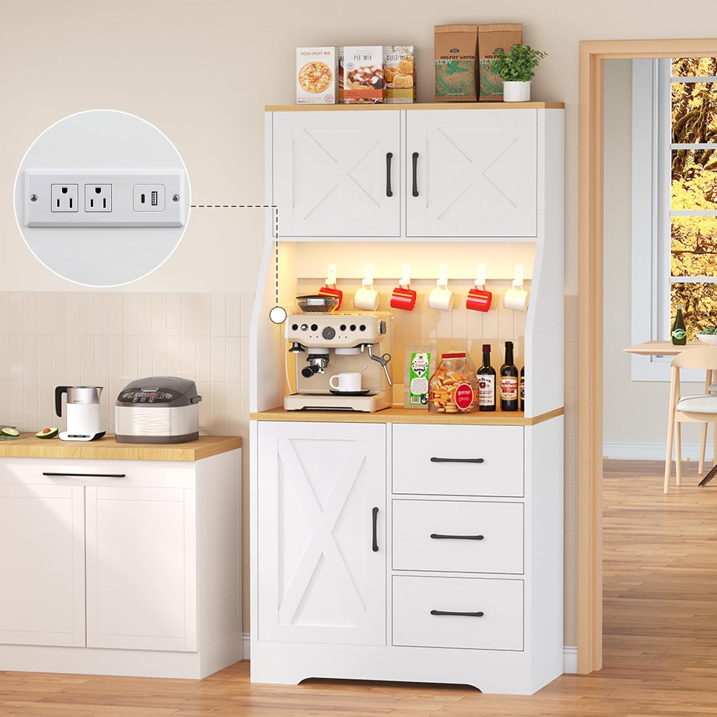 DreamDashio Pantry Cabinet with Adjustable Shelves and 3 Drawers, Tall Kitchen Pantry Storage Cabinet with LED Light & Charging Station, Kitchen Hutch with Microwave Shelf & 6 Hooks for Dining Room