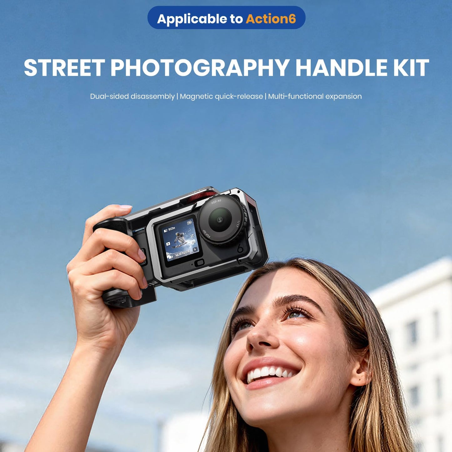DJI Osmo Action 6 8K Waterproof Action Camera Bundle, 1/1.1" Square Sensor, Variable Aperture of f/2.0–f/4.0, 50GB Built-in Storage, Original Essential Combo + Street Photography Handle Kit