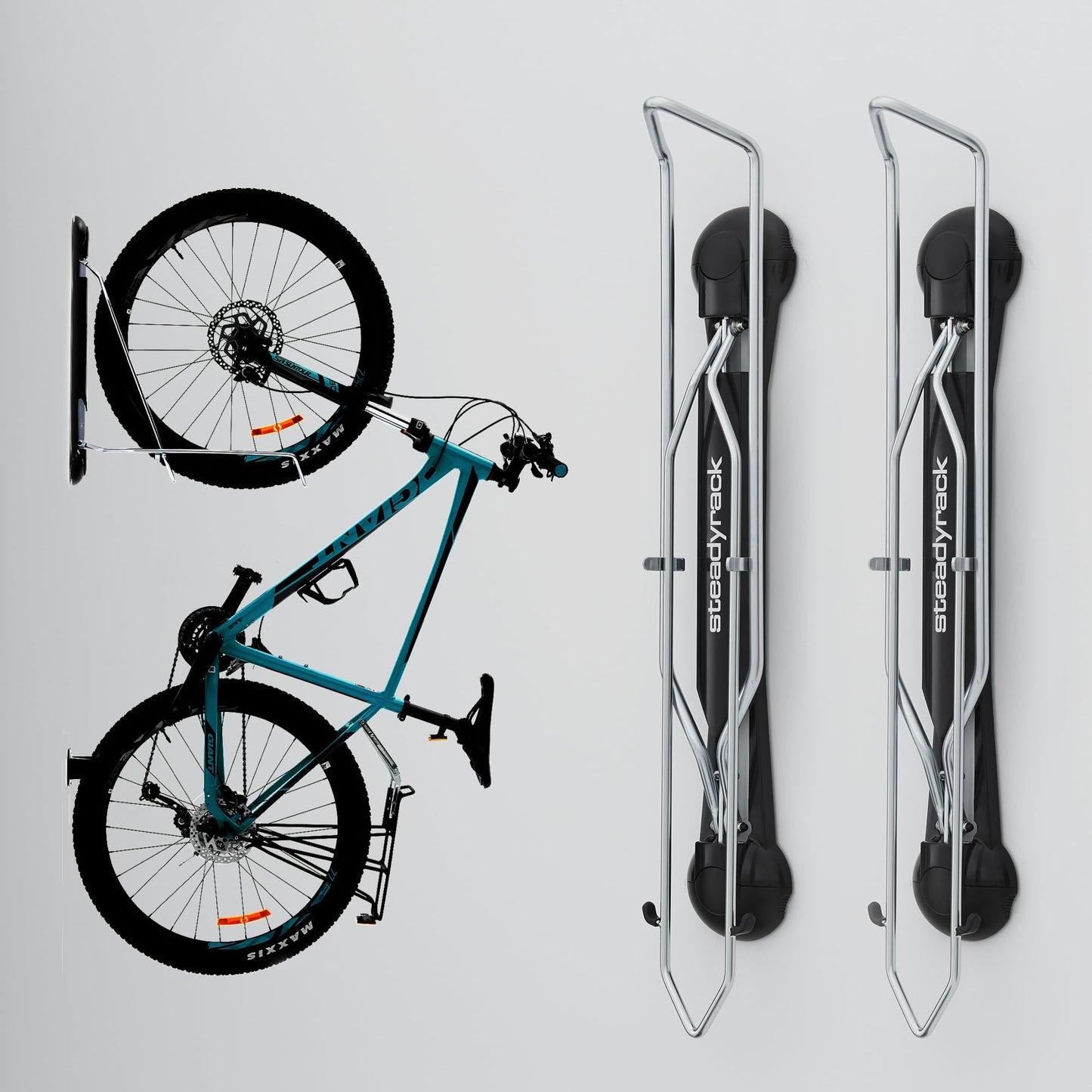Steadyrack Bike Rack – Pivoting Mountain Bike Rack, Holds Up to 77 lbs, Fits 24"-29" Wheels, 2.1"-2.8" Tires, Foldable Wall Mount for Space-Saving Bicycle Storage - 2 Pack