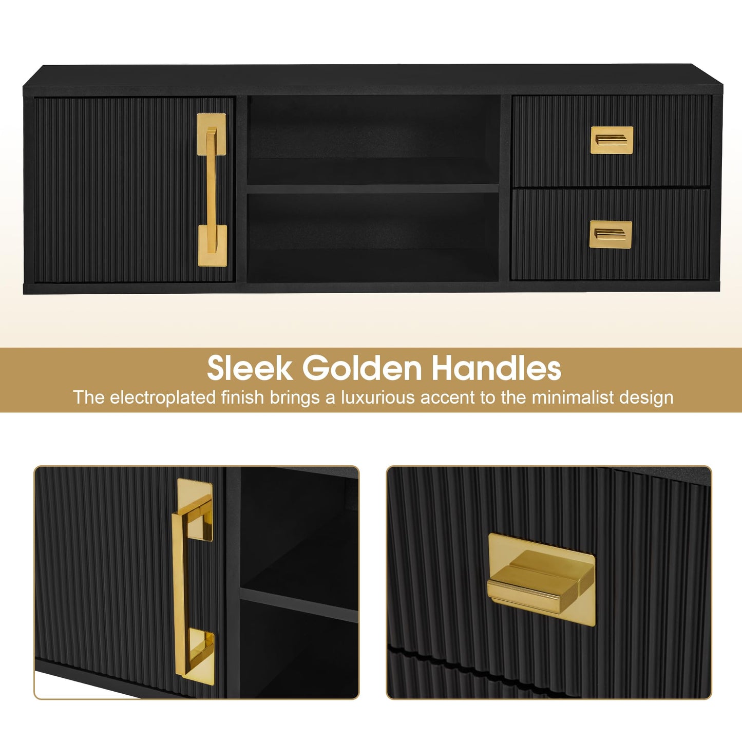 BarberPub Wall-Mounted Barber Station with Golden Handles, Storage Drawers, Open Shelves, Modern Hanging Storage Organizer for Barber Shop or Salon 2504