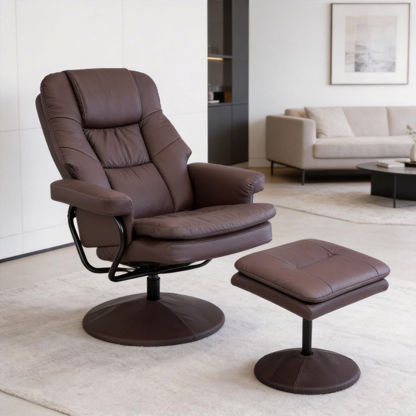 KEIKI Swivel Recliner with Ottoman Chair, Modern Cat Scratch Faux Leather Upholstered Manual Push Back 360° Swivel Chair, Ergonomic Lounge Footrest for Living Room Bedroom Reading Home Office, Brown