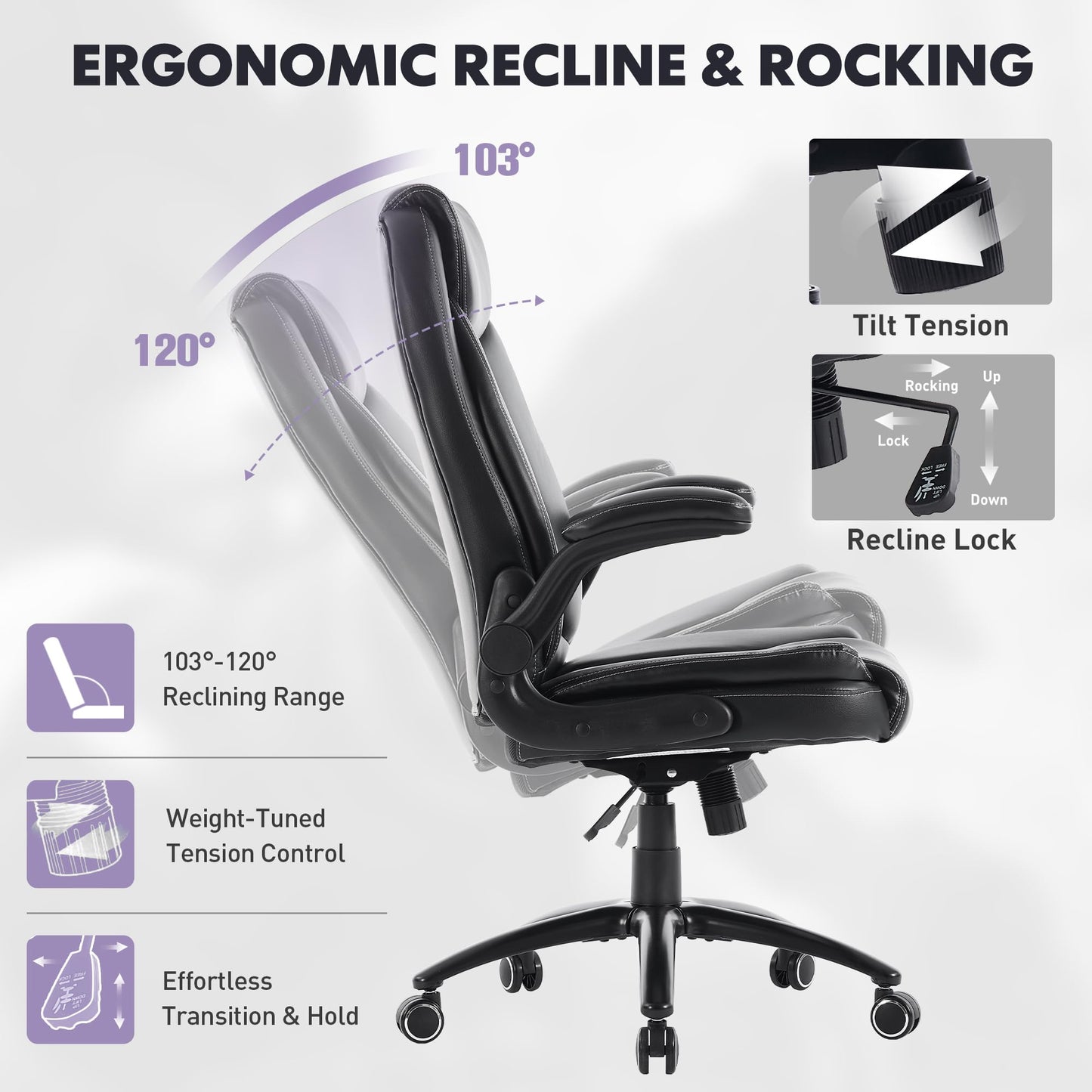 MALOL PU Leather Ergonomic Office Chair -Adjustable Height & Tilt Tension Set of 2, 300lbs Thick Padded Seat Executive Desk Chair with Flip-Up Armrests & Reclining Backrest, Black