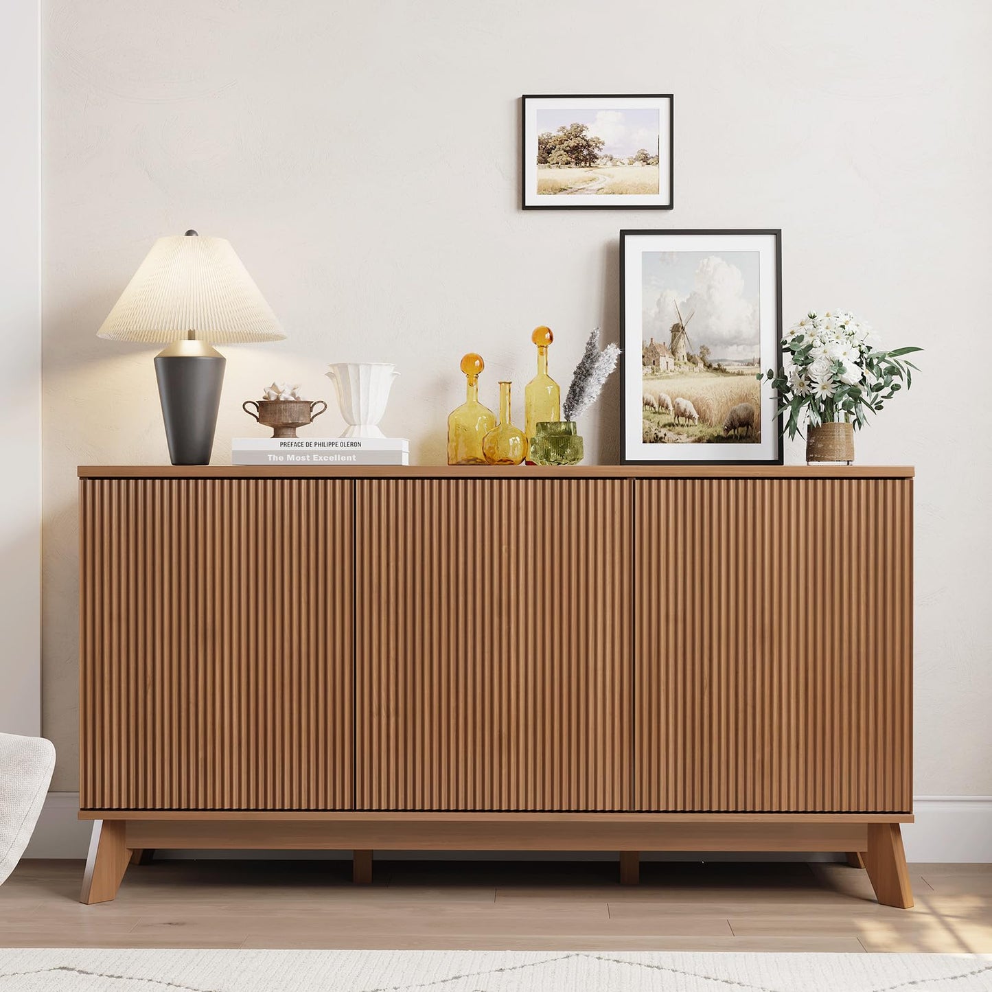 GarveeHome 58" Modern Farmhouse Sideboard Buffet Cabinet with Adjustable Shelves Storage & 4 Doors, Wood Buffet Console Table, Curved Design, Cupboard Coffee Bar Cabinet for Dining Room, Living Room
