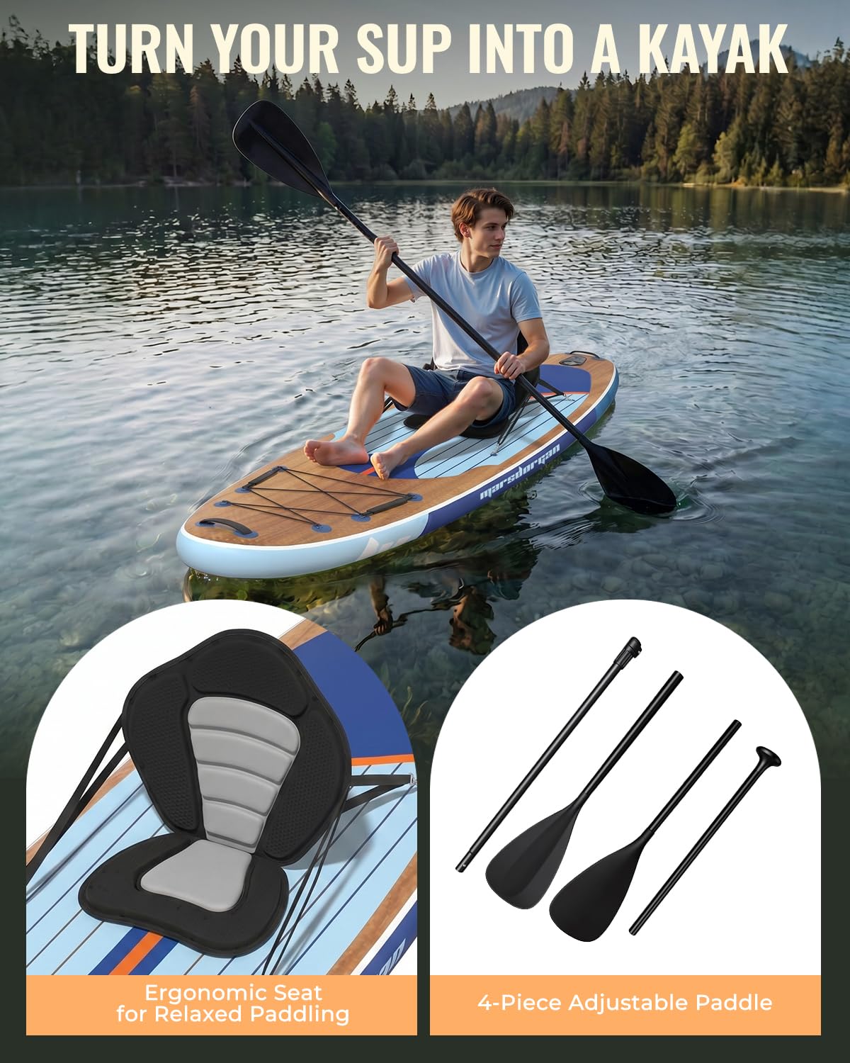 Marsdorgan 11' Inflatable Paddle Board Dark Oak with Seat | Extra Wide SUP Non-Slip Deck, 360° Leash | Stable for Family Lake Ocean, Includes 10L Dry Bag