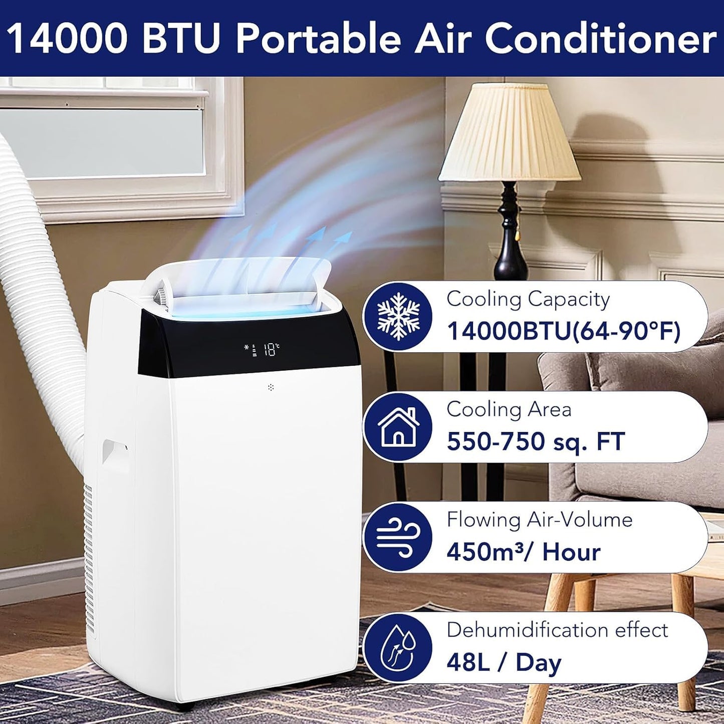 14,000 BTUPortable AC，3-in-1 Cooling/Dehumidifier/Circulation System for 750 Sq.Ft，51dB Ultra-Quiet with 3-Speed, Auto Oscillation & 24H Smart Scheduler for Bedroom, Office & Commercial Spaces