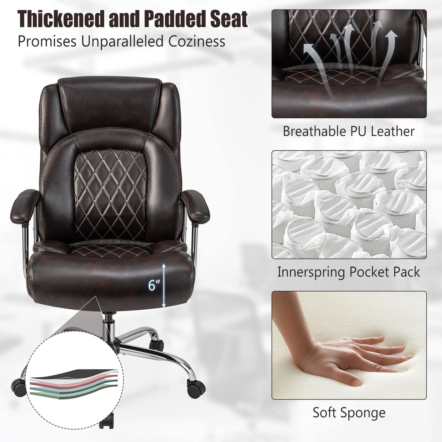 Giantex Big and Tall Office Chair 500 LBS, High Back Executive Office Chair for Heavy People, Adjustable Swivel Desk Chair, PU Leather Computer Chair with Extra Wide Seat for Home Office, Brown
