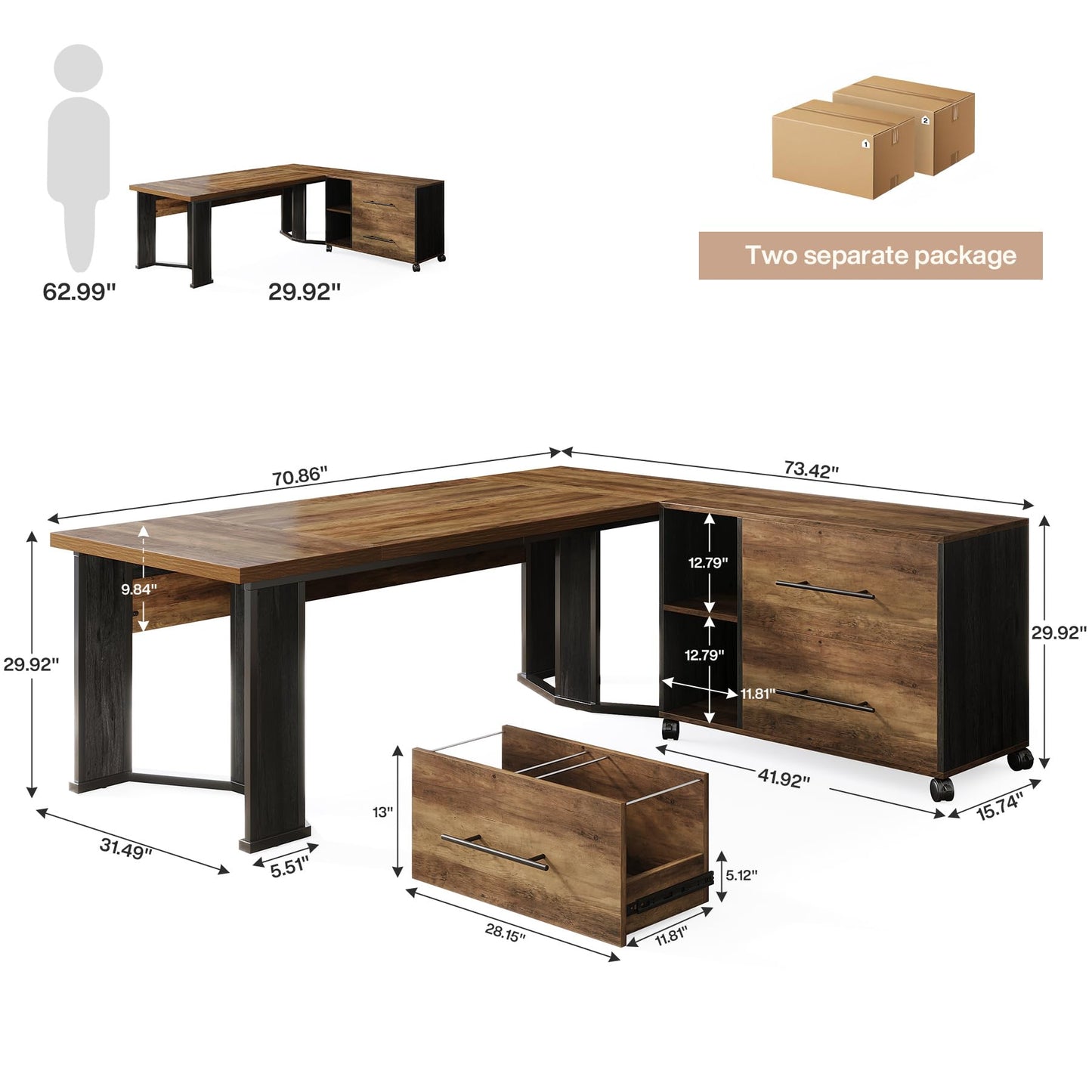 Tribesigns 70.86" Executive Desk with Mobile File Cabinet, Large L Shaped Computer Office Desk with 2 Drawers and Storage Shelves, Business Furniture Desk Workstation for Home Office (Rustic Brown)