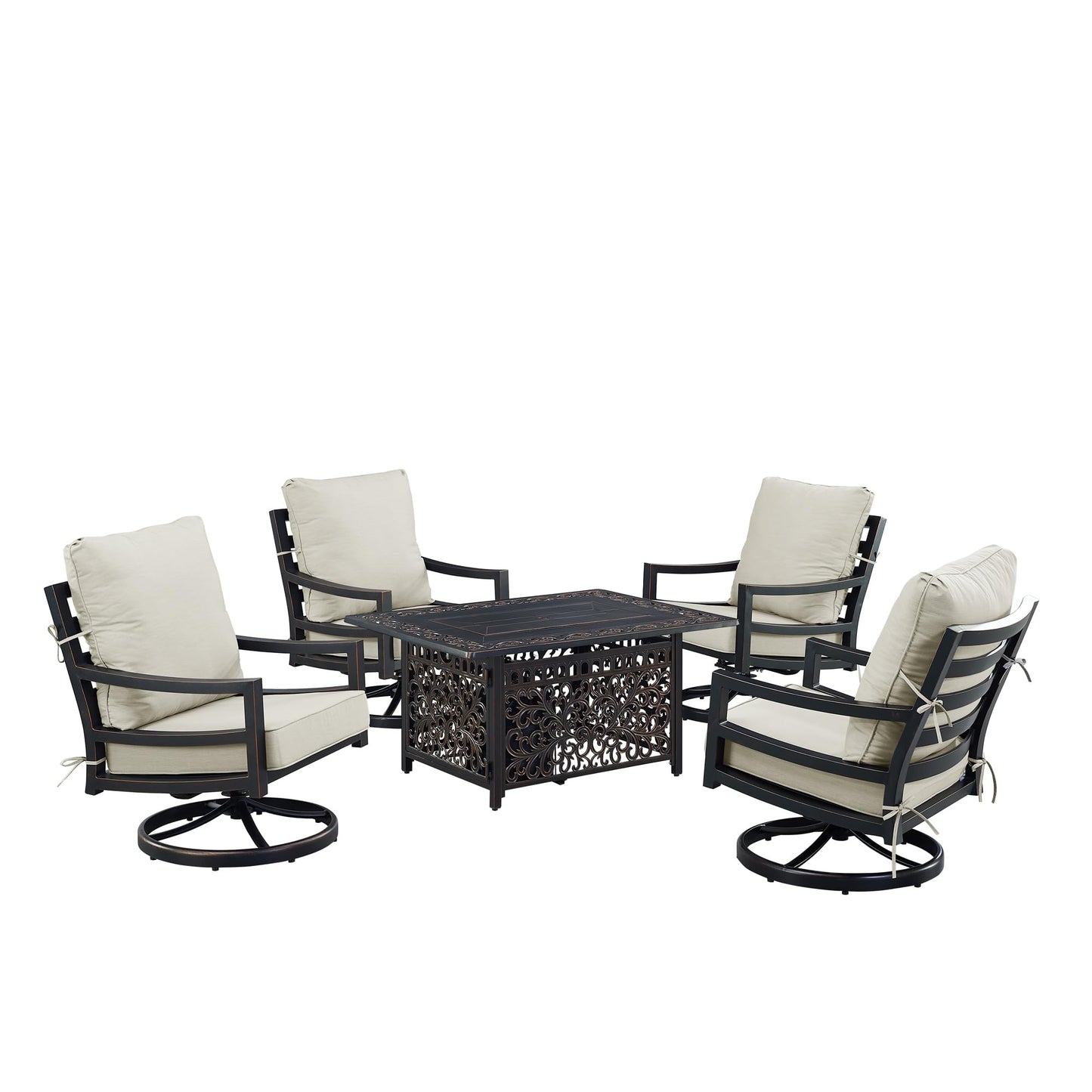 Oakland Living Black Aluminum Patio Fire Table Set with Four Club Chairs with Light Grey Cushions