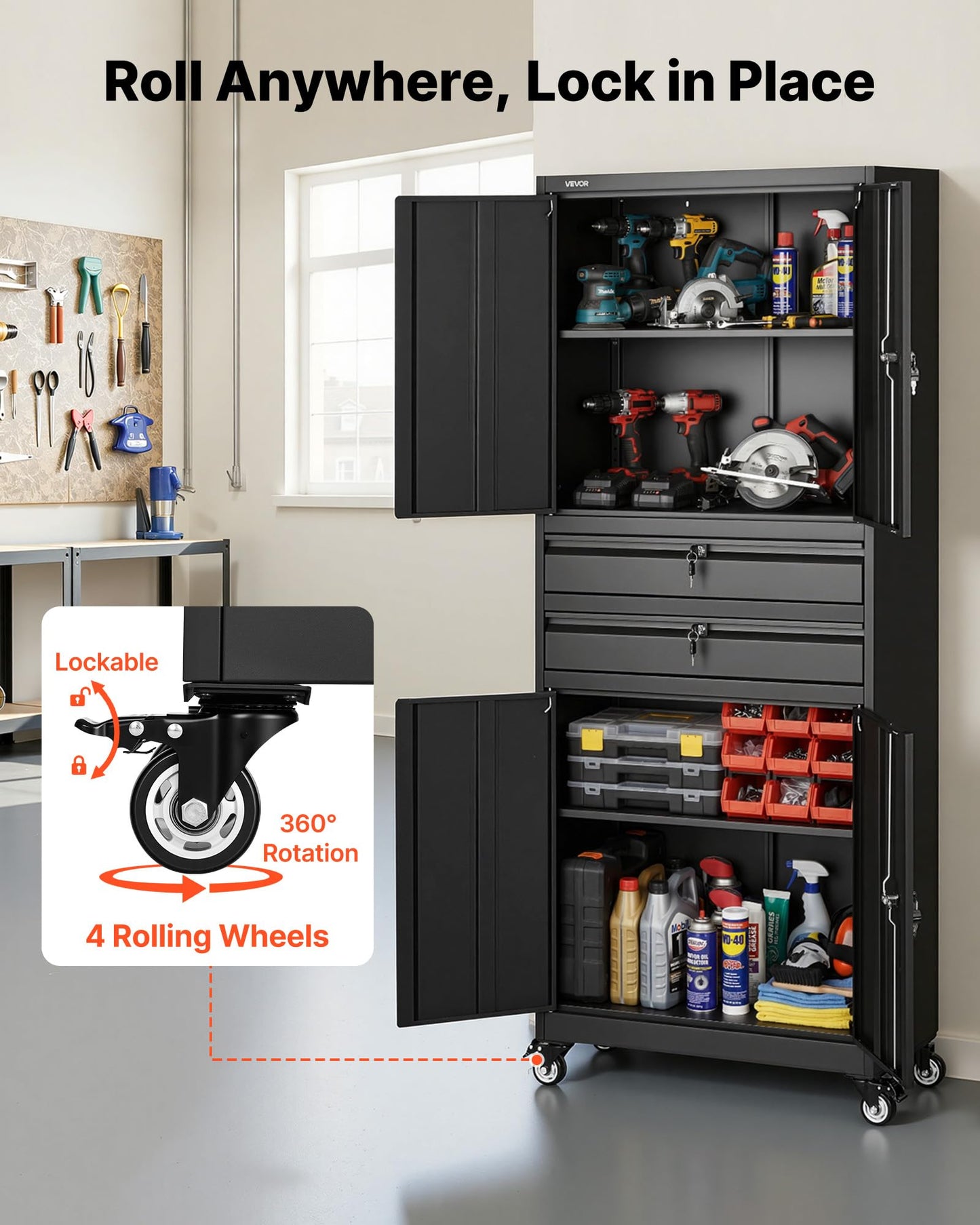 VEVOR Metal Storage Cabinet with Wheels, 180 lbs Shelf Load Capacity, 75" Tall Rolling Garage Tool Storage Cabinet with 4 Locking Doors and Adjustable Shelves, 2 Drawers, for Garage, Office, Home