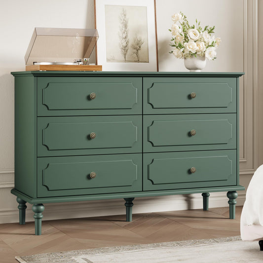 Topbele Dresser for Bedroom with 6 Drawers, 47" Vintage Chest of Drawers with Embossed Design, Mid Century Modern Storage Chest, Wood Closet Clothes Storage Organizer for Living Room, Entryway, Green
