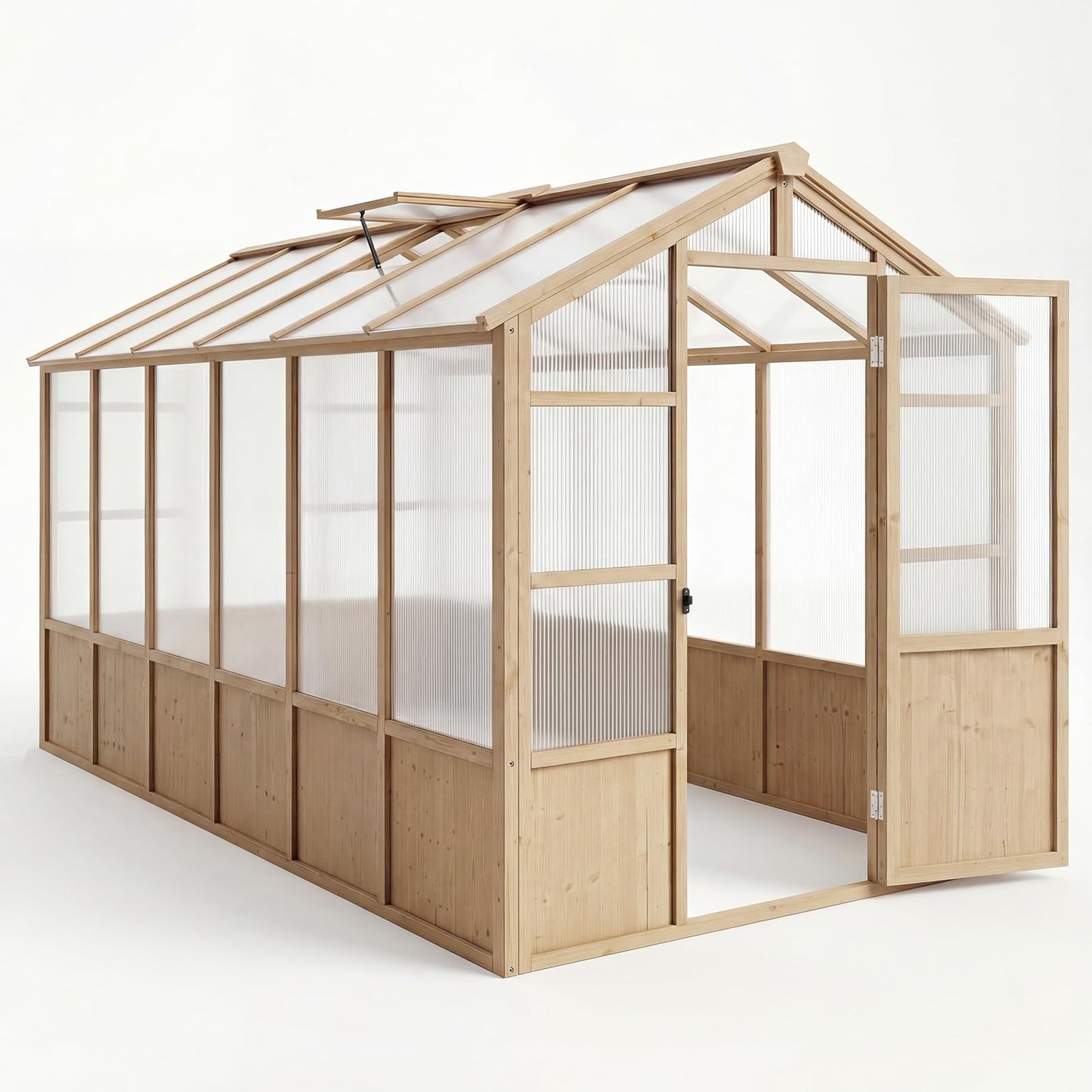 Large Wood Frame Greenhouse for Outdoor - Wooden Walk-in Greenhouse Kit with Polycarbonate Panels, Ventilated Window & Lockable Door for Garden, Backyard, Patio, Lawn, Plant House