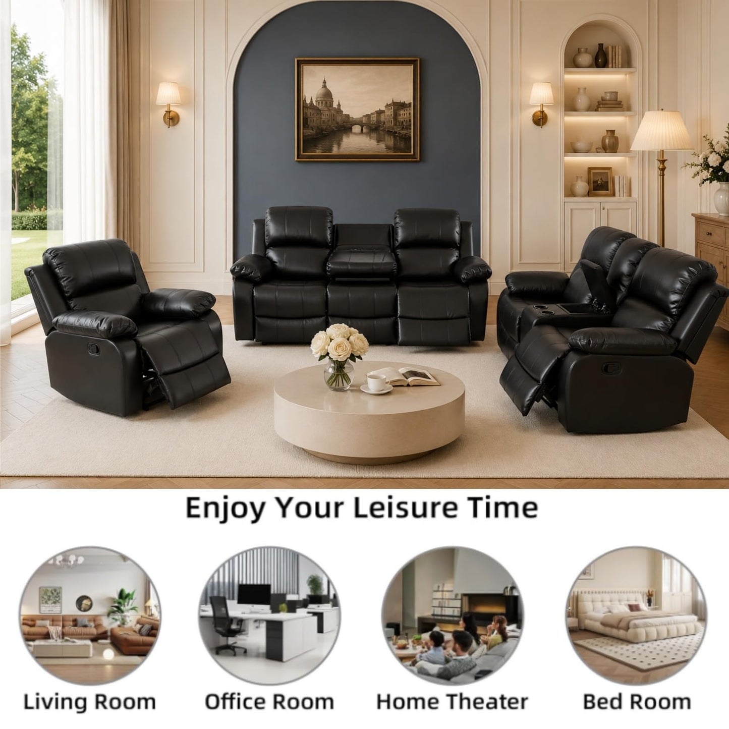 Trygoal Modern Recliner Sofa Set of 3, Semi PU And PVC Living Room Set with 120° Deep Recline & Sleeping Position, Cozy Motion Couch with Loveseat Storage & Cup Holders, Retro Vintage Furniture, Black